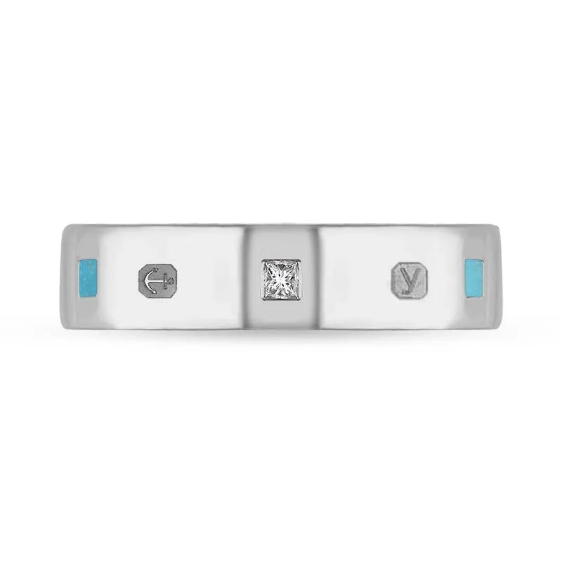 Sterling Silver 0.12ct Diamond Turquoise King's Coronation Hallmark Princess Cut 5mm Ring D