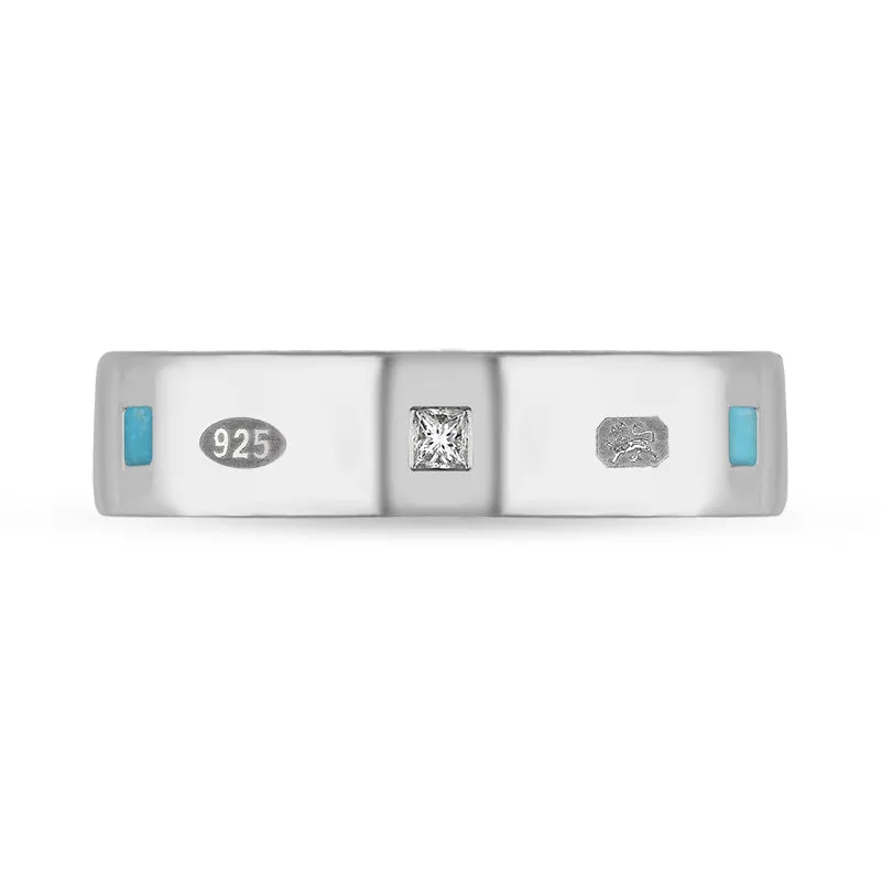 Sterling Silver 0.12ct Diamond Turquoise King's Coronation Hallmark Princess Cut 5mm Ring D