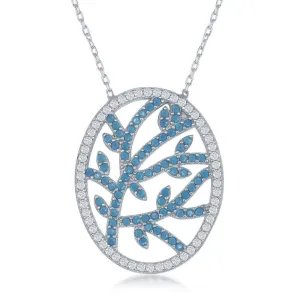 Sterling Silver Center Torqouise Branch Design with CZ Border Necklace