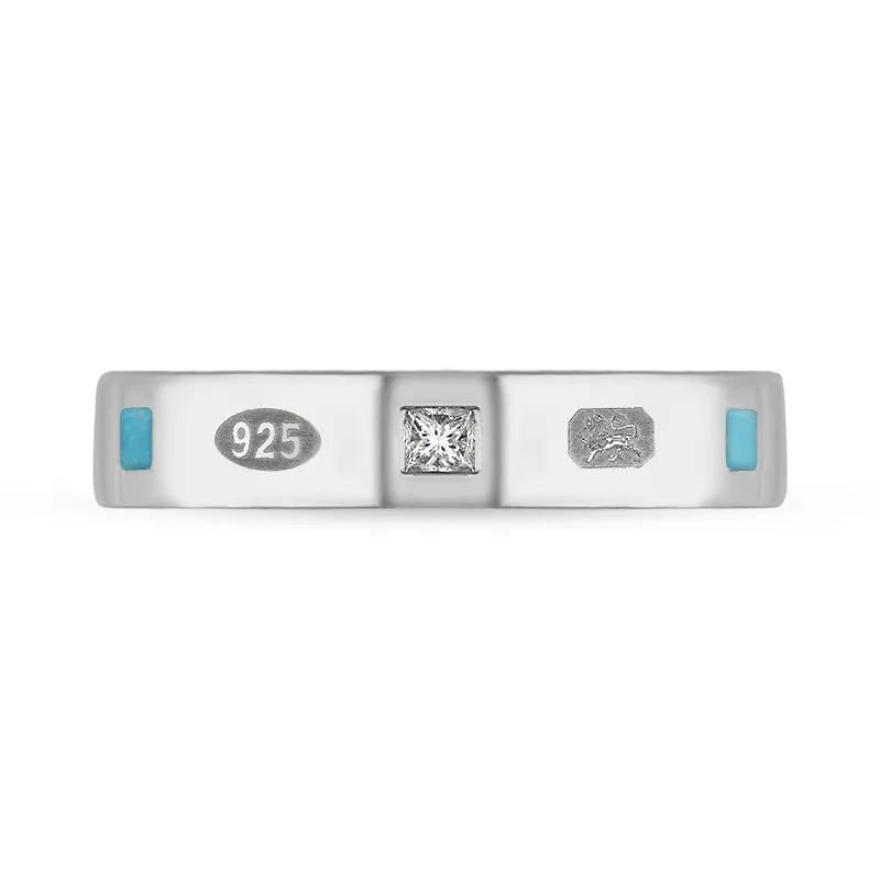 Sterling Silver Diamond Turquoise King's Coronation Hallmark Princess Cut 4mm Ring D