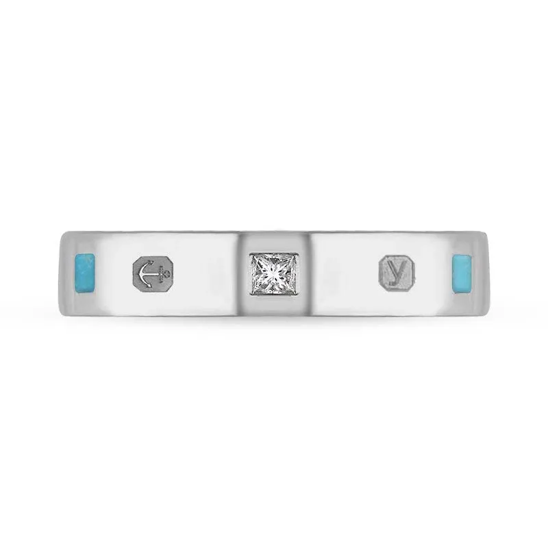 Sterling Silver Diamond Turquoise King's Coronation Hallmark Princess Cut 4mm Ring D