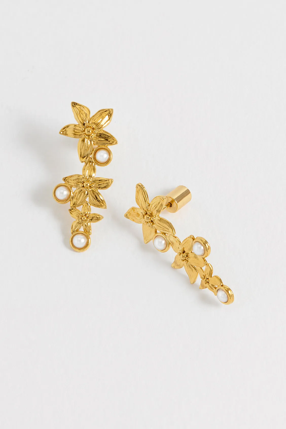 Triple Flower Pearl Drop Earrings