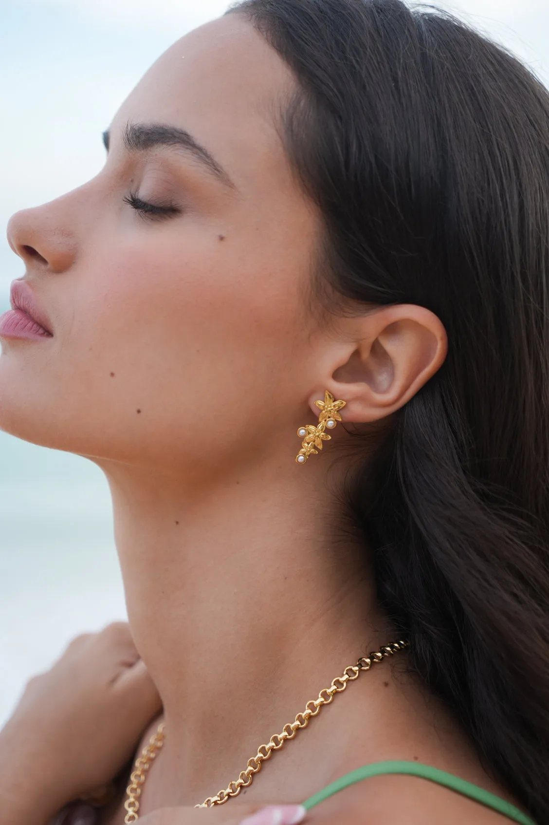 Triple Flower Pearl Drop Earrings