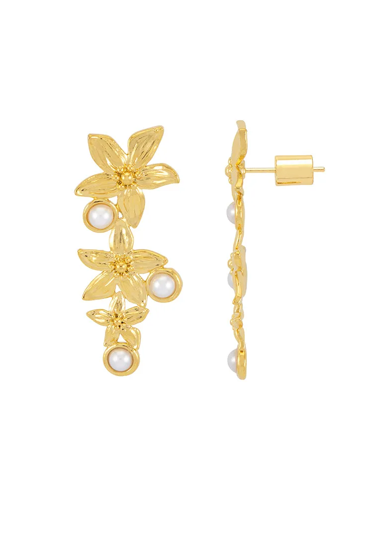 Triple Flower Pearl Drop Earrings