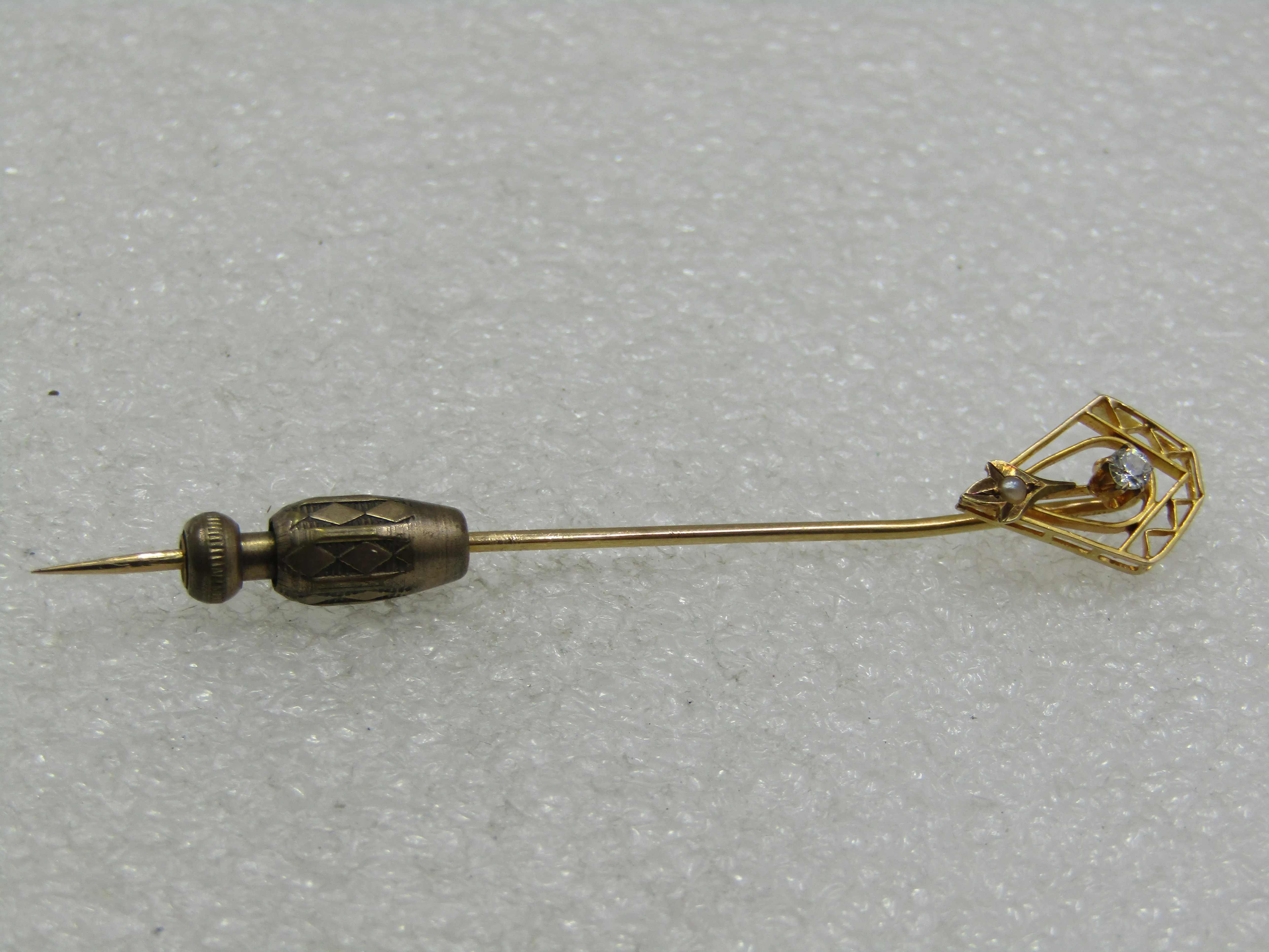 Victorian 14kt Diamond Pearl Stick Pin, 2.5", .08 CTW