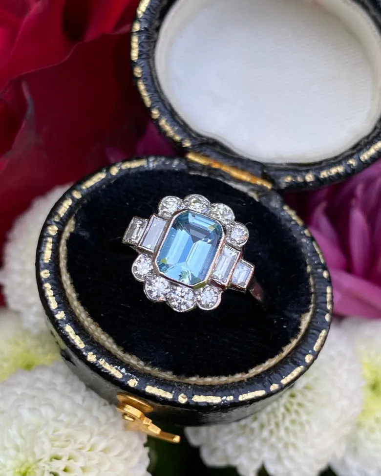Victorian Aquamarine and Diamond Cluster Platinum Ring 0.55ct   0.70ct