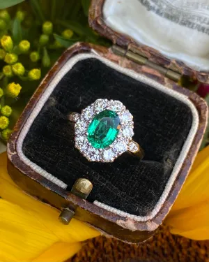 Victorian Emerald and Diamond Cluster Ring 18ct Yellow Gold 0.95ct   1.20ct
