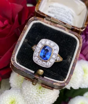 Victorian Sapphire and Diamond Cluster Ring 18ct Yellow Gold 0.80ct   1.60ct