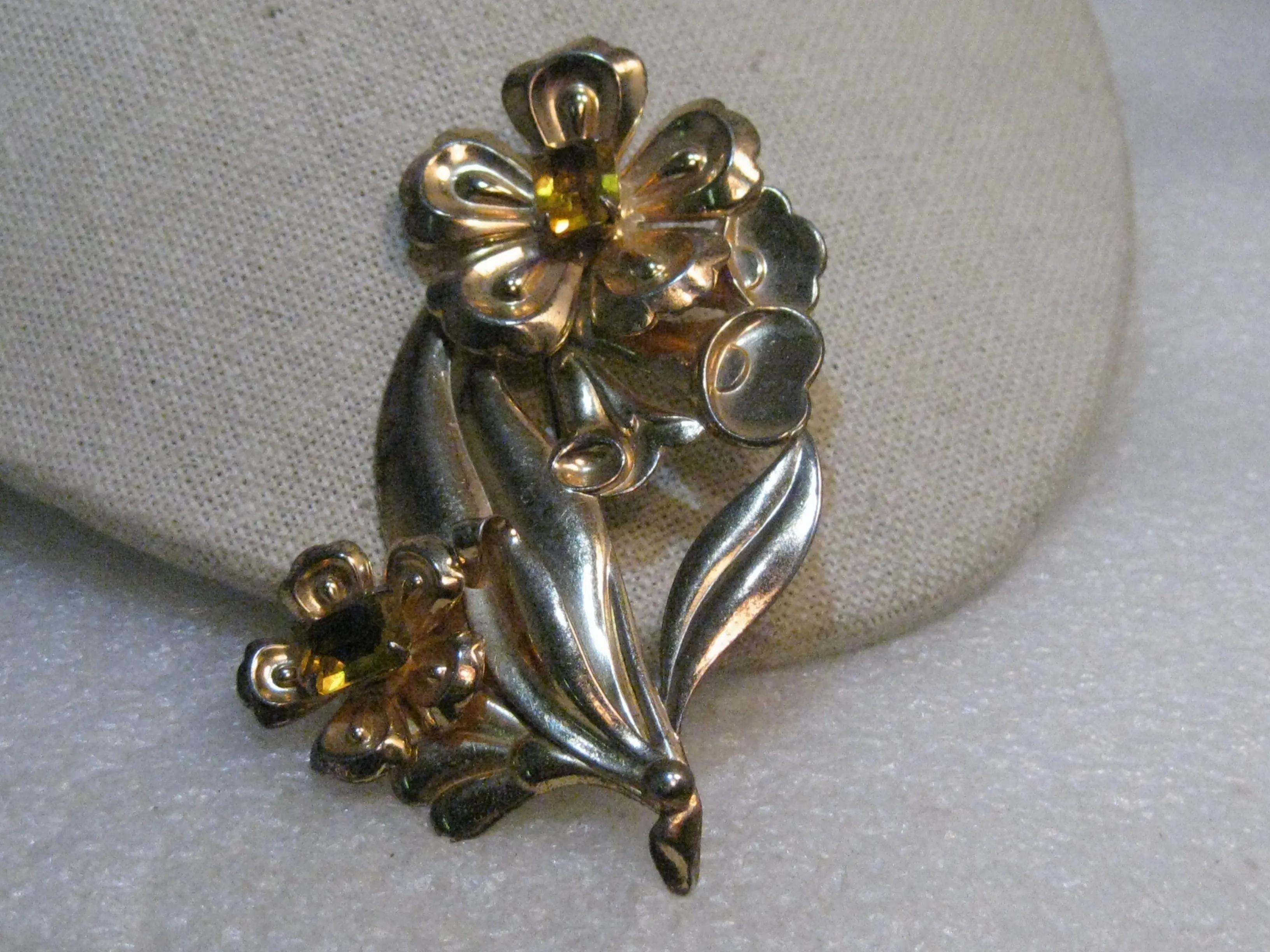 Vintage 1940's Sterling Rhinestone Brooch, Yellow Stones, 3-3.8" Tall, 18.95 gr.