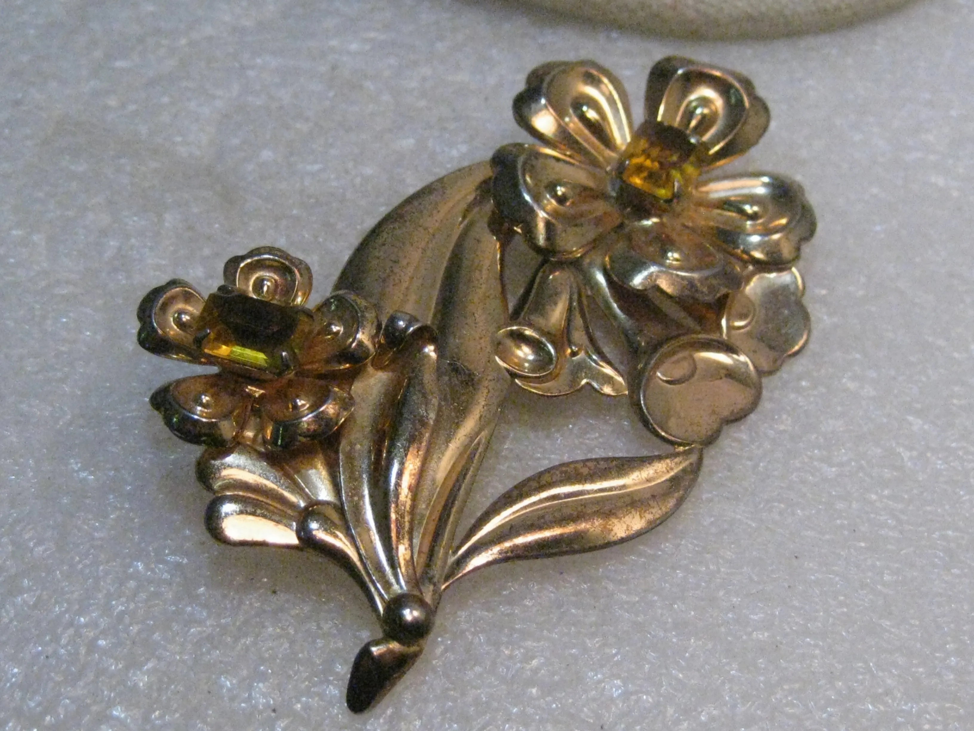 Vintage 1940's Sterling Rhinestone Brooch, Yellow Stones, 3-3.8" Tall, 18.95 gr.