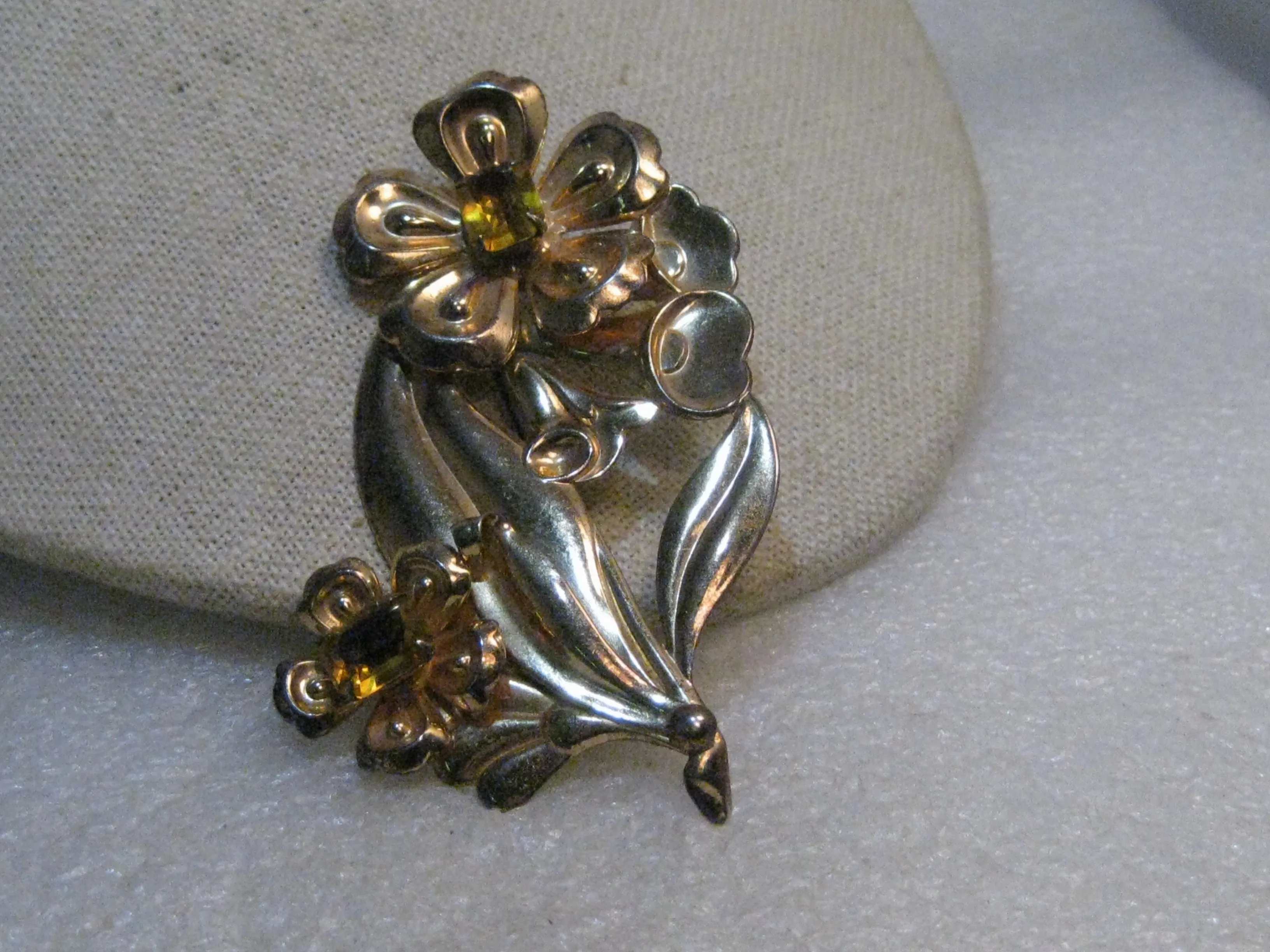 Vintage 1940's Sterling Rhinestone Brooch, Yellow Stones, 3-3.8" Tall, 18.95 gr.