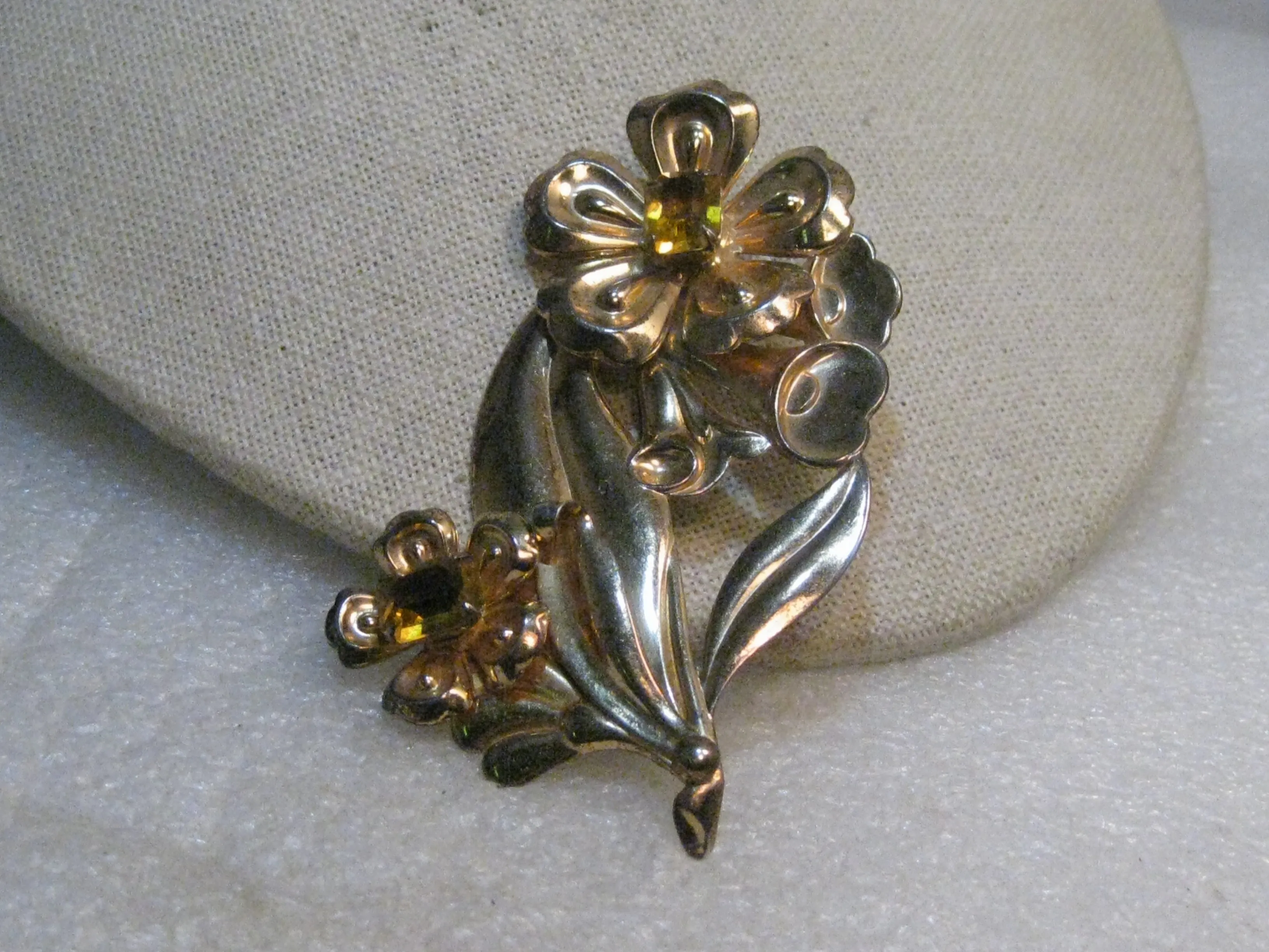 Vintage 1940's Sterling Rhinestone Brooch, Yellow Stones, 3-3.8" Tall, 18.95 gr.