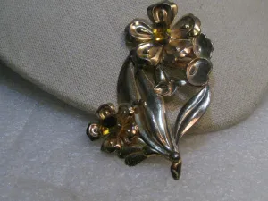Vintage 1940's Sterling Rhinestone Brooch, Yellow Stones, 3-3.8" Tall, 18.95 gr.