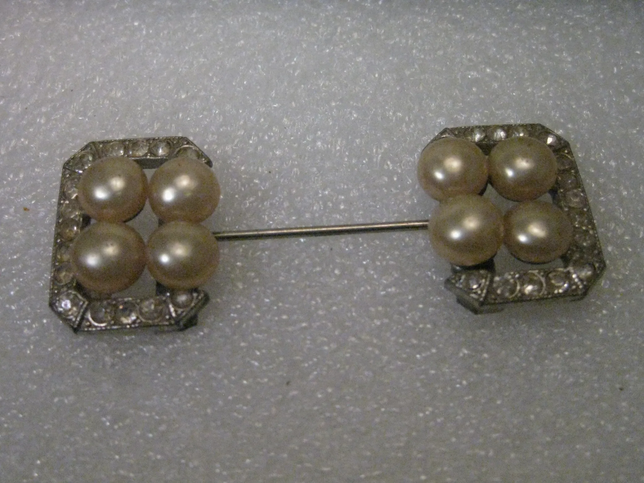 Vintage Art Deco Silver Tone Faux Pearl & Rhinestone Stick Pin, 1930-1940's, 2.5"