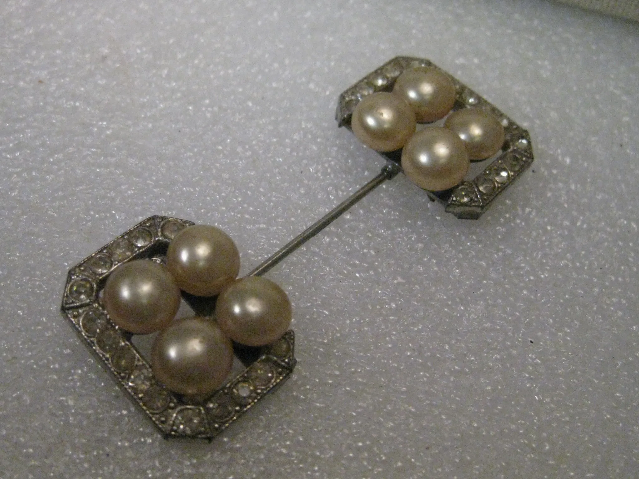Vintage Art Deco Silver Tone Faux Pearl & Rhinestone Stick Pin, 1930-1940's, 2.5"