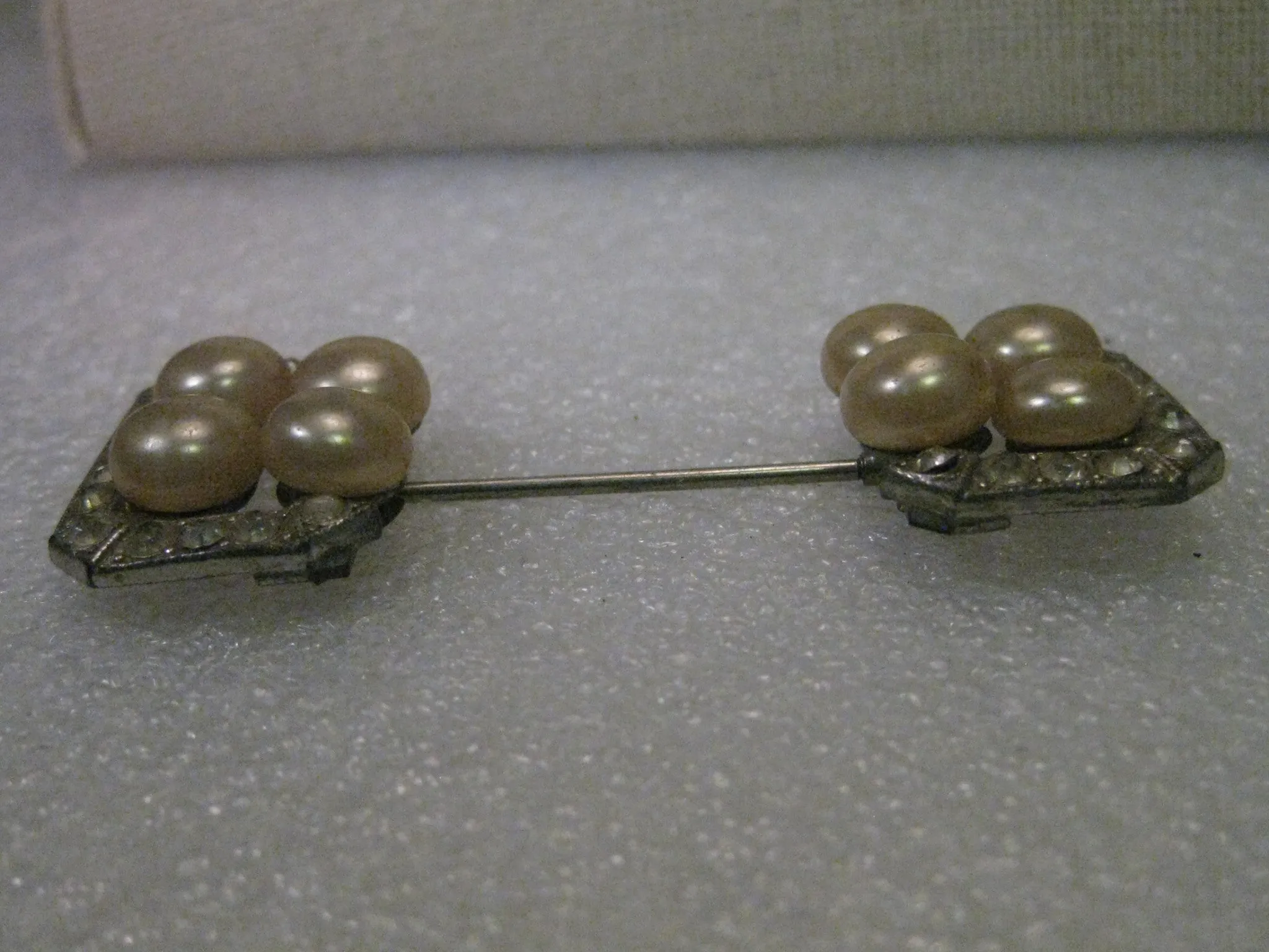 Vintage Art Deco Silver Tone Faux Pearl & Rhinestone Stick Pin, 1930-1940's, 2.5"