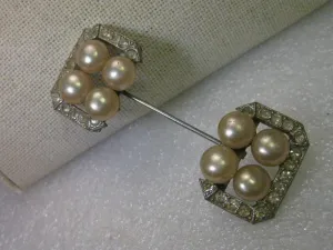 Vintage Art Deco Silver Tone Faux Pearl & Rhinestone Stick Pin, 1930-1940's, 2.5"