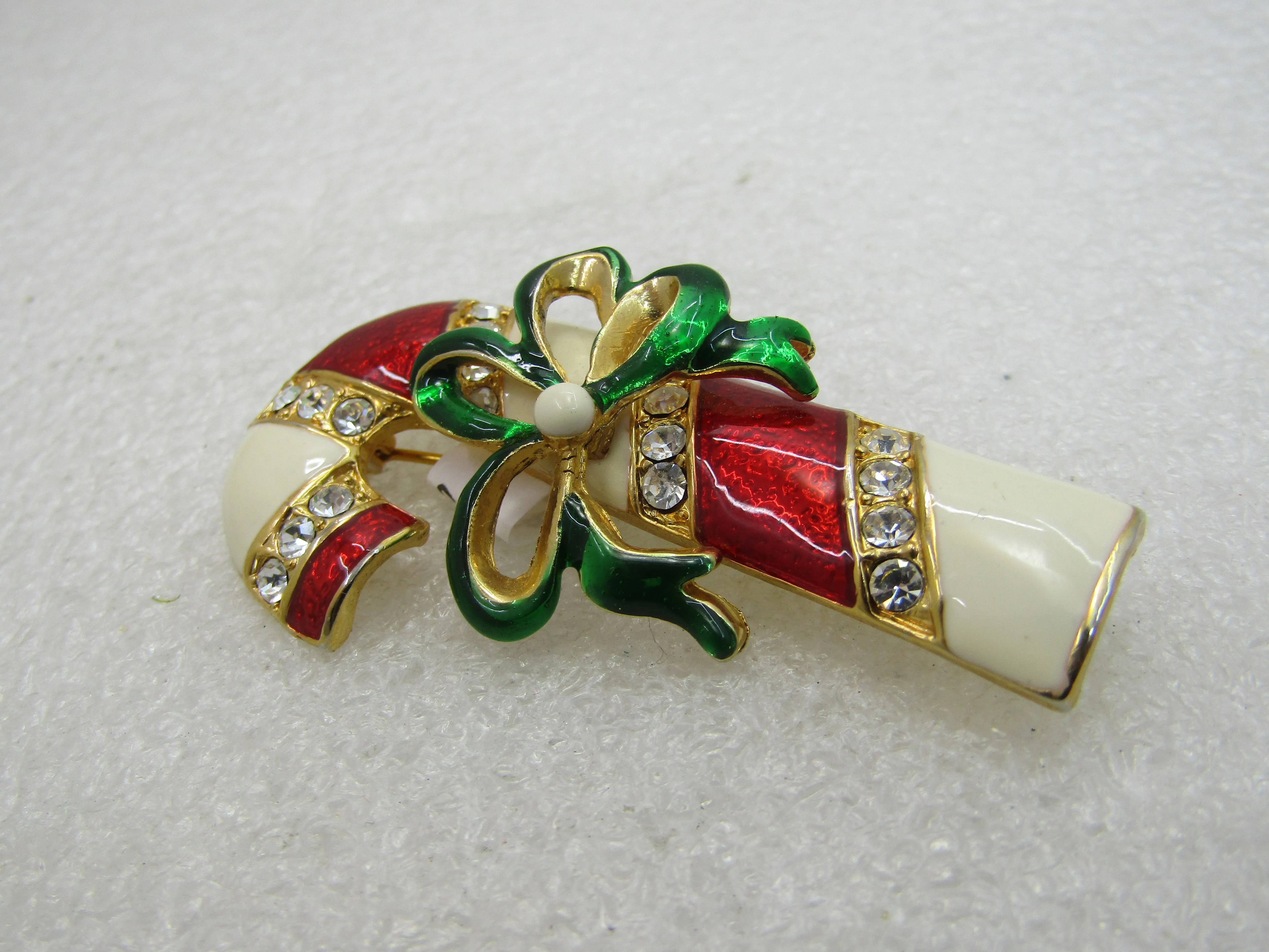 Vintage Christmas Enameled Rhinestone Candy Cane Brooch