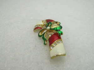 Vintage Christmas Enameled Rhinestone Candy Cane Brooch