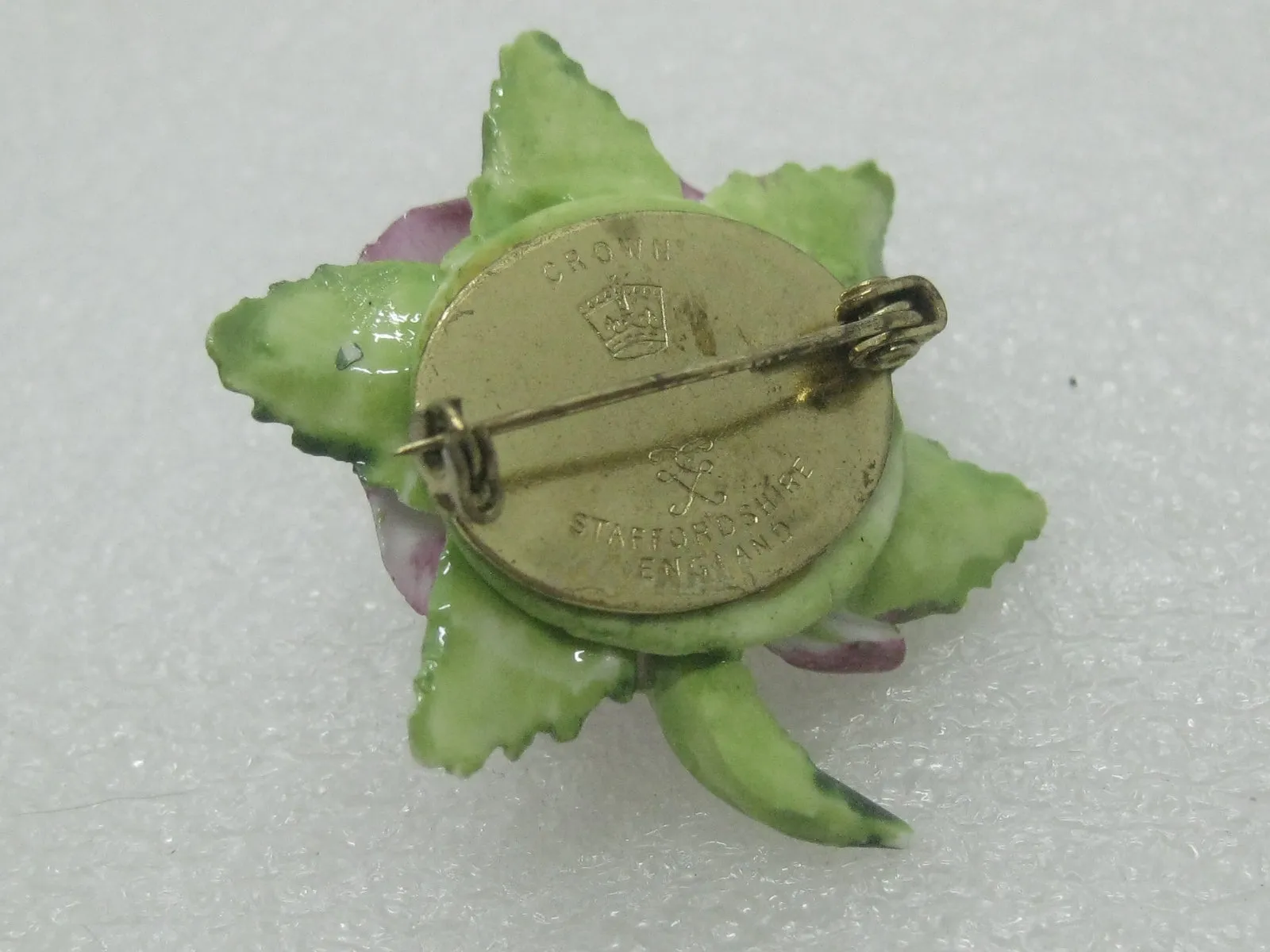 Vintage Crown Porcelain Rose Brooch, Painted, Staffordshire, England, 1.5"