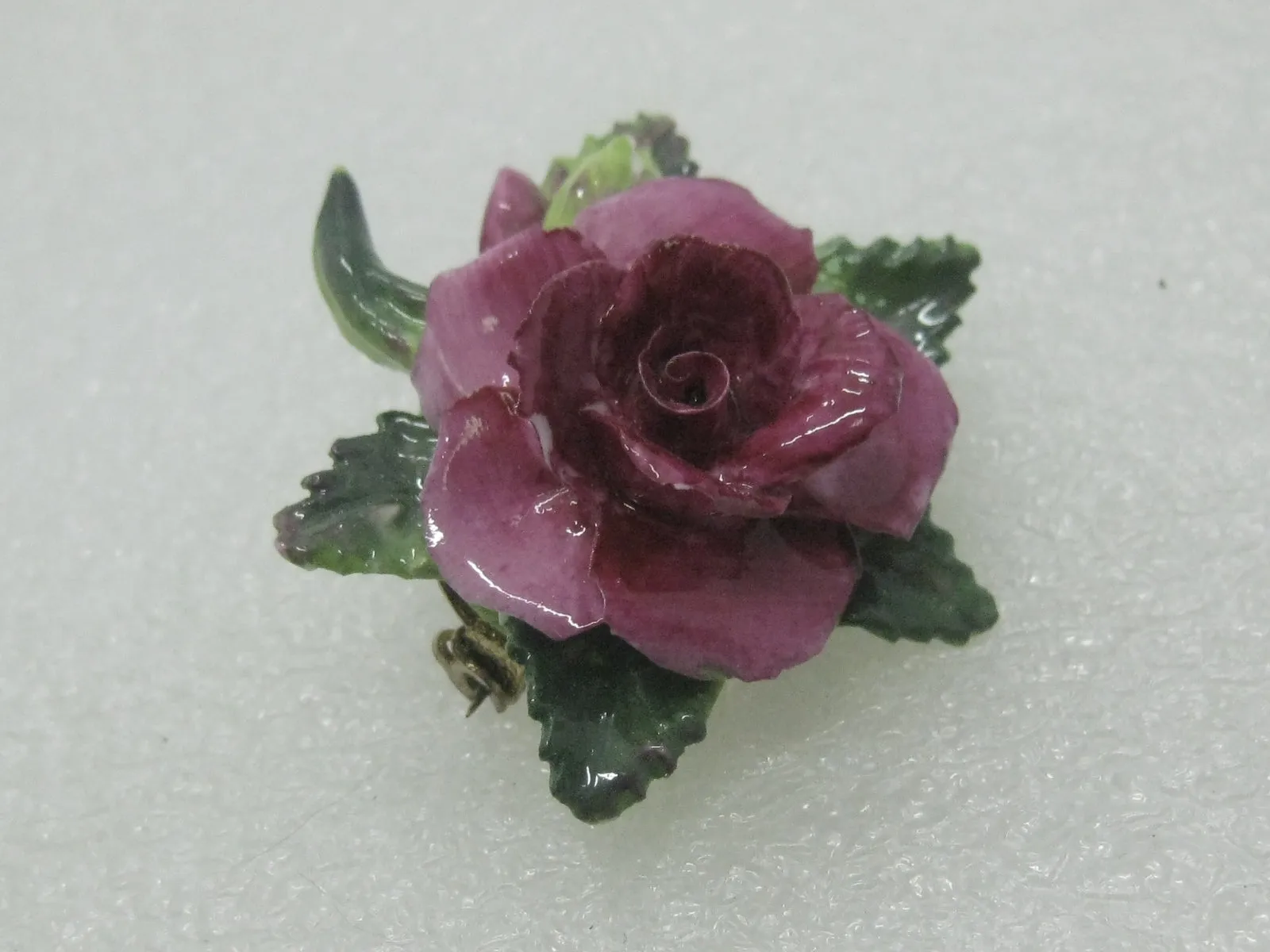Vintage Crown Porcelain Rose Brooch, Painted, Staffordshire, England, 1.5"
