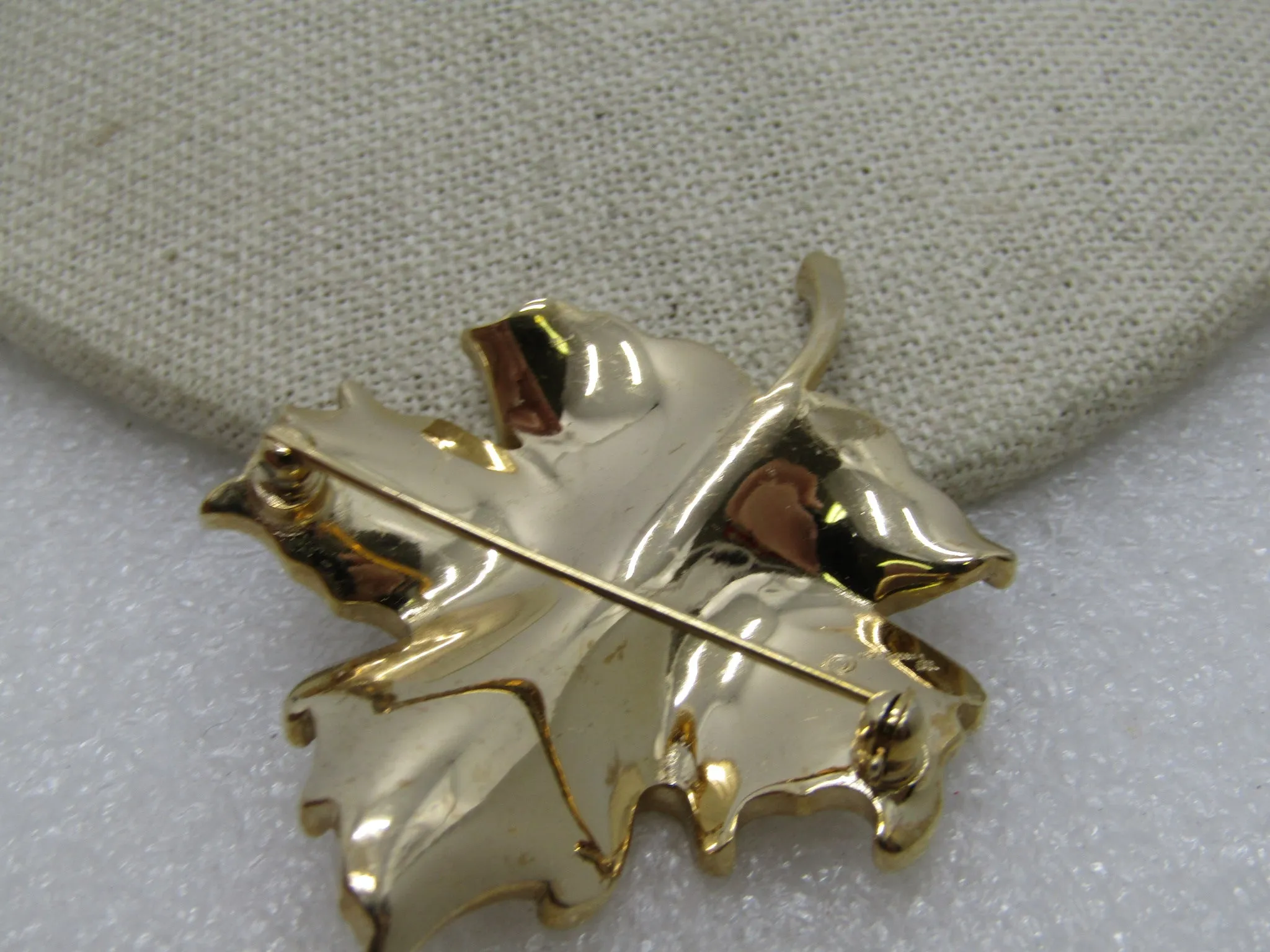 Vintage Crown Trifari Leaf Brooch, Gold Tone, Textured & Shiny, 1960's-1970's, 2.25"