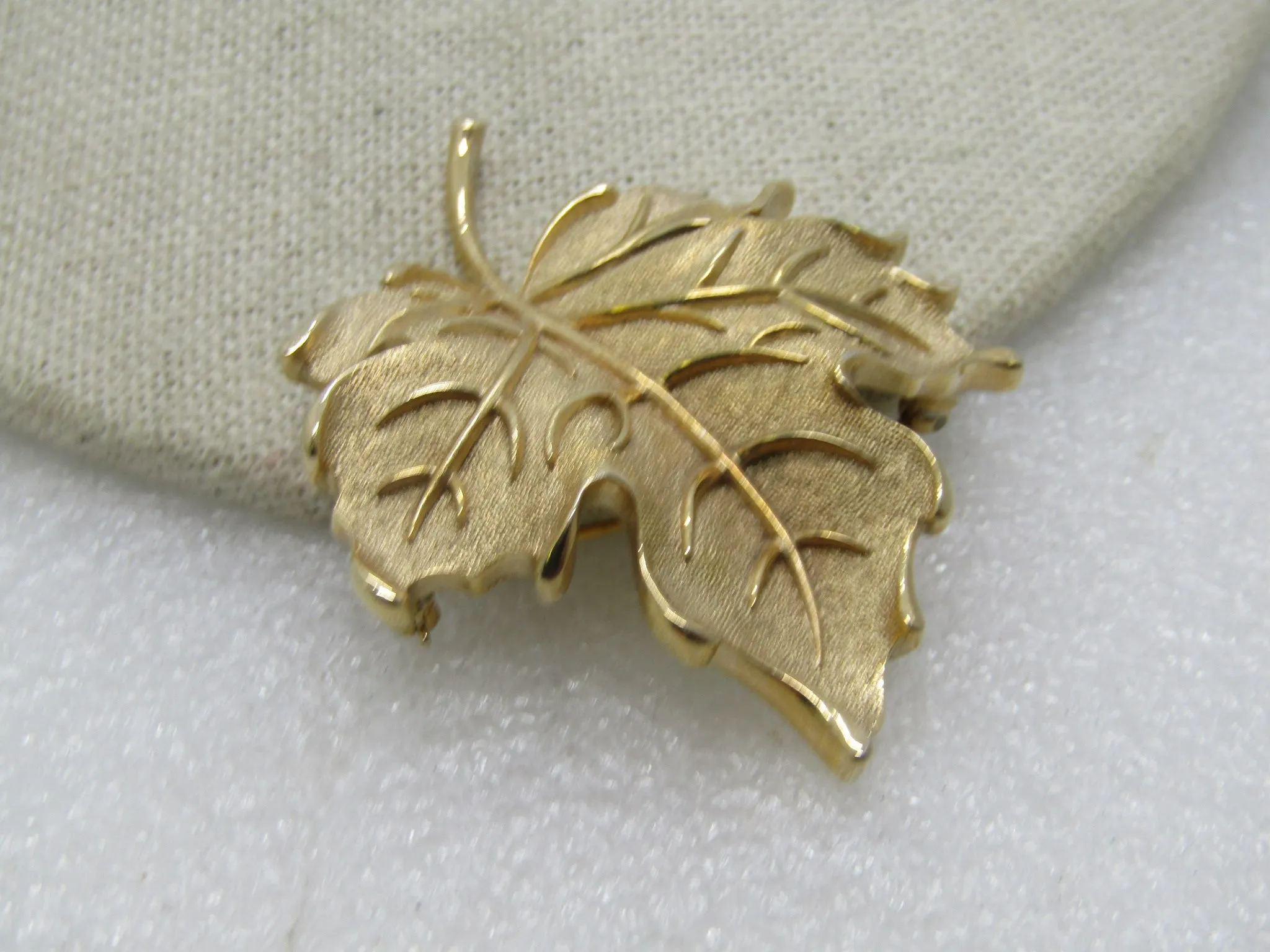 Vintage Crown Trifari Leaf Brooch, Gold Tone, Textured & Shiny, 1960's-1970's, 2.25"