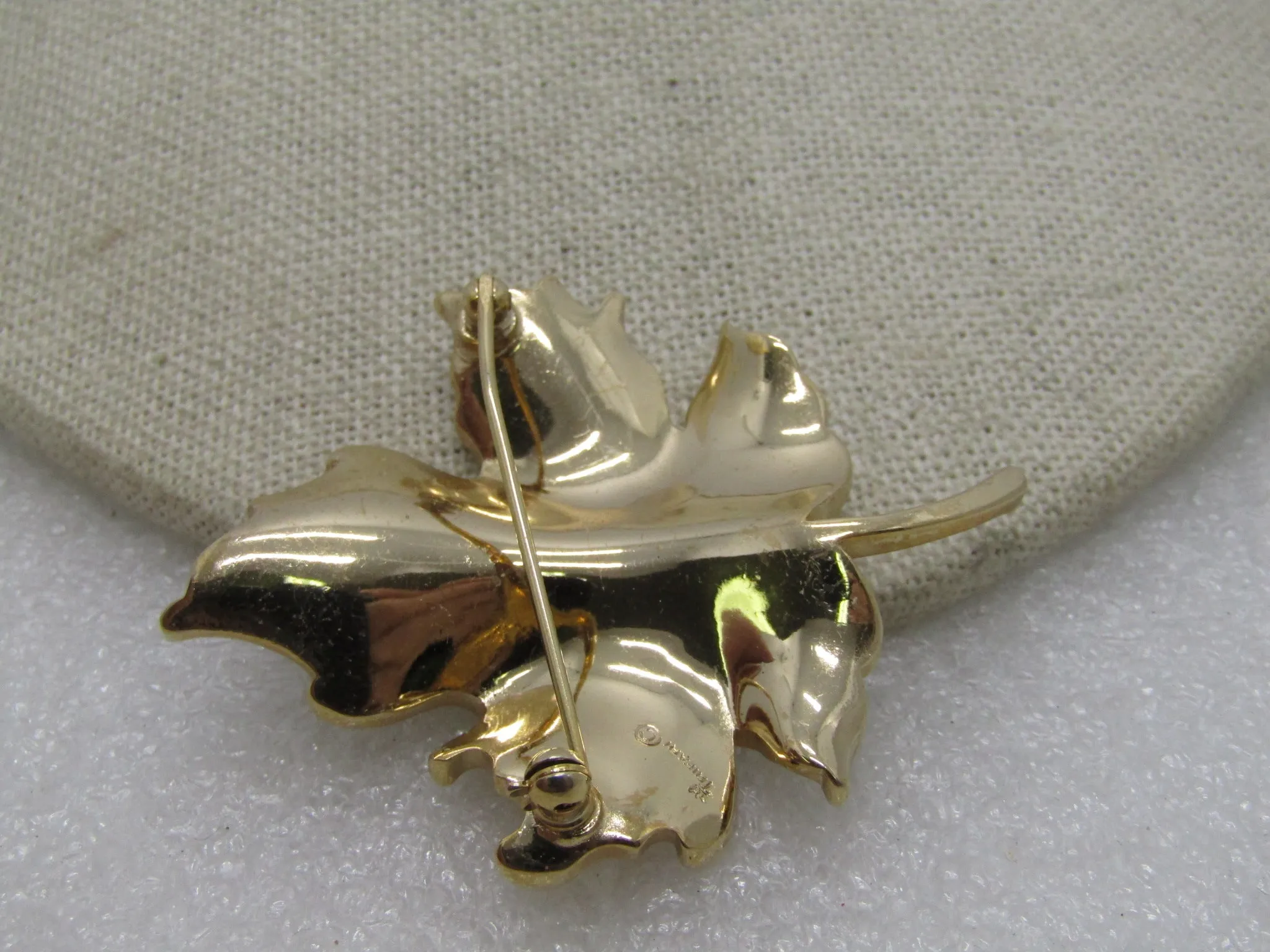 Vintage Crown Trifari Leaf Brooch, Gold Tone, Textured & Shiny, 1960's-1970's, 2.25"