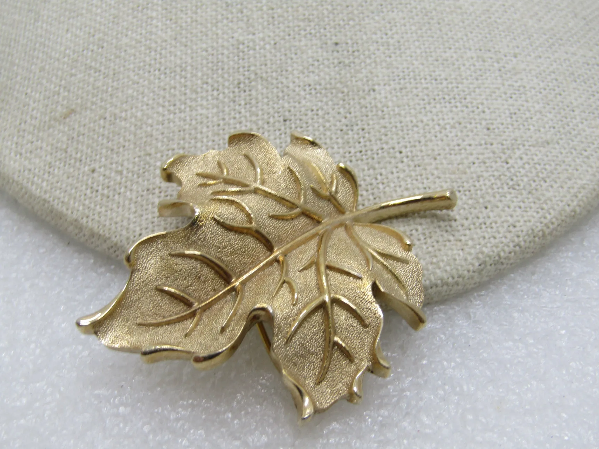 Vintage Crown Trifari Leaf Brooch, Gold Tone, Textured & Shiny, 1960's-1970's, 2.25"