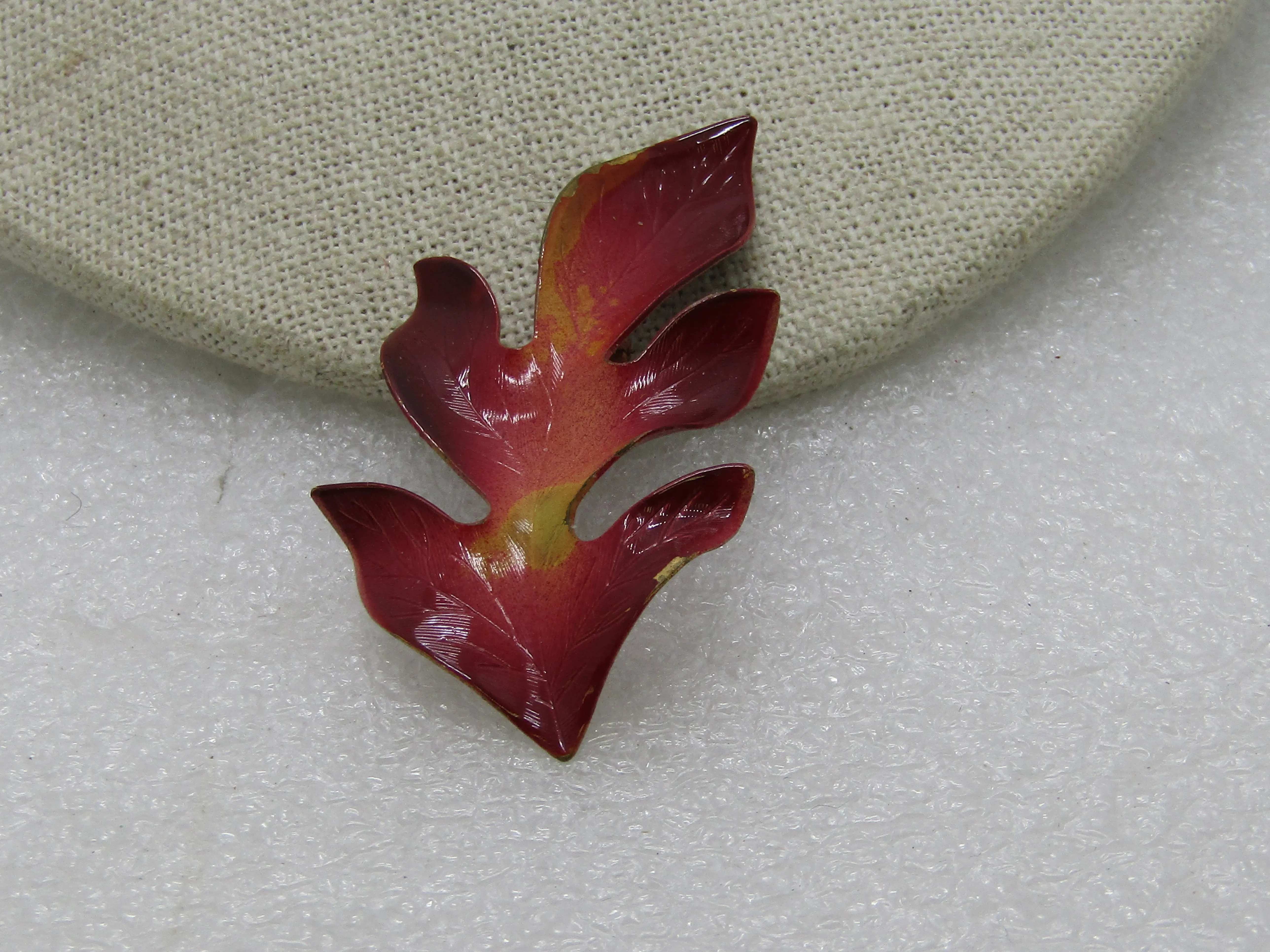 Vintage Enamel Oak Leaf Brooch, 1960's, 2.5", Reds and Gold