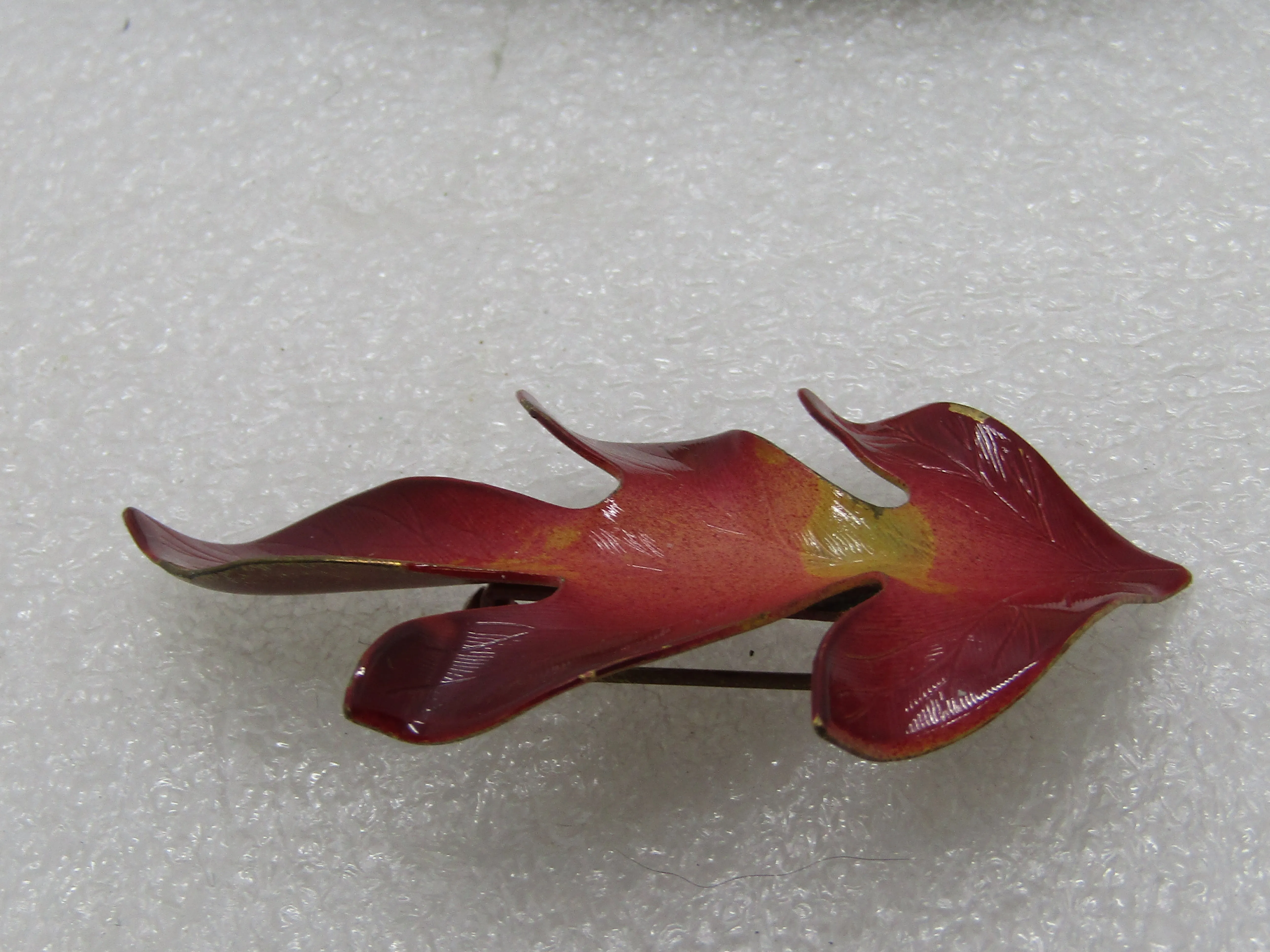 Vintage Enamel Oak Leaf Brooch, 1960's, 2.5", Reds and Gold