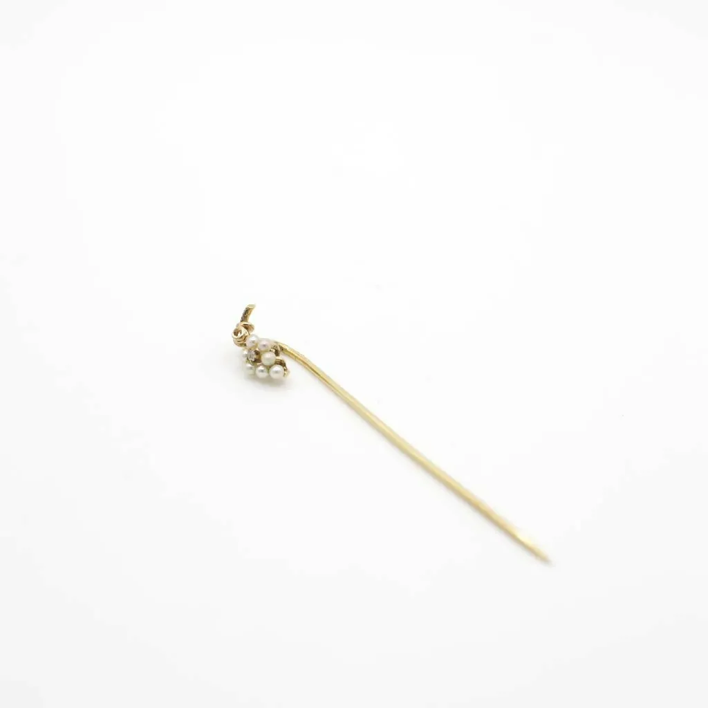 Vintage Genuine Diamond and Seed Pearl Stick Pin In 14K Yellow Gold