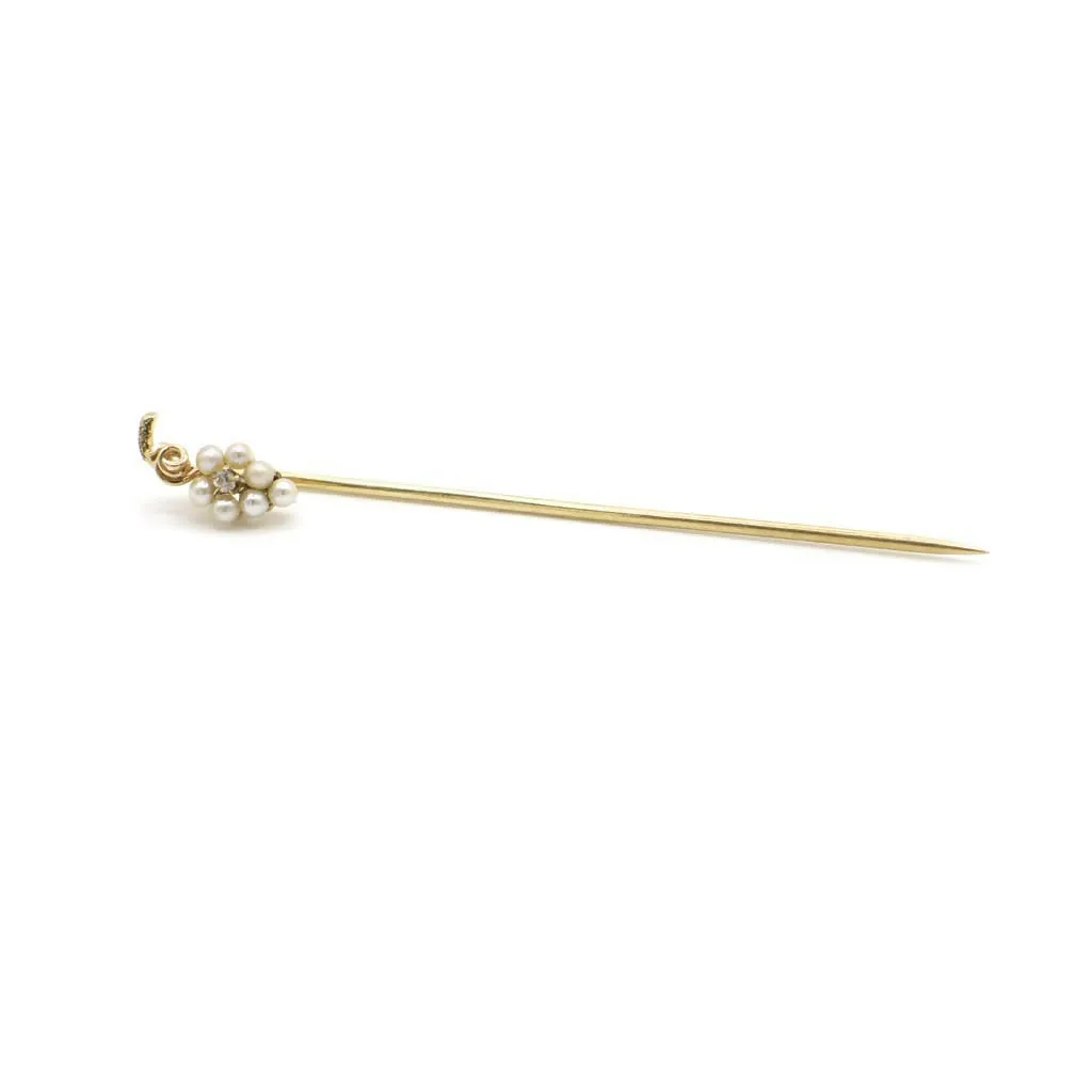 Vintage Genuine Diamond and Seed Pearl Stick Pin In 14K Yellow Gold