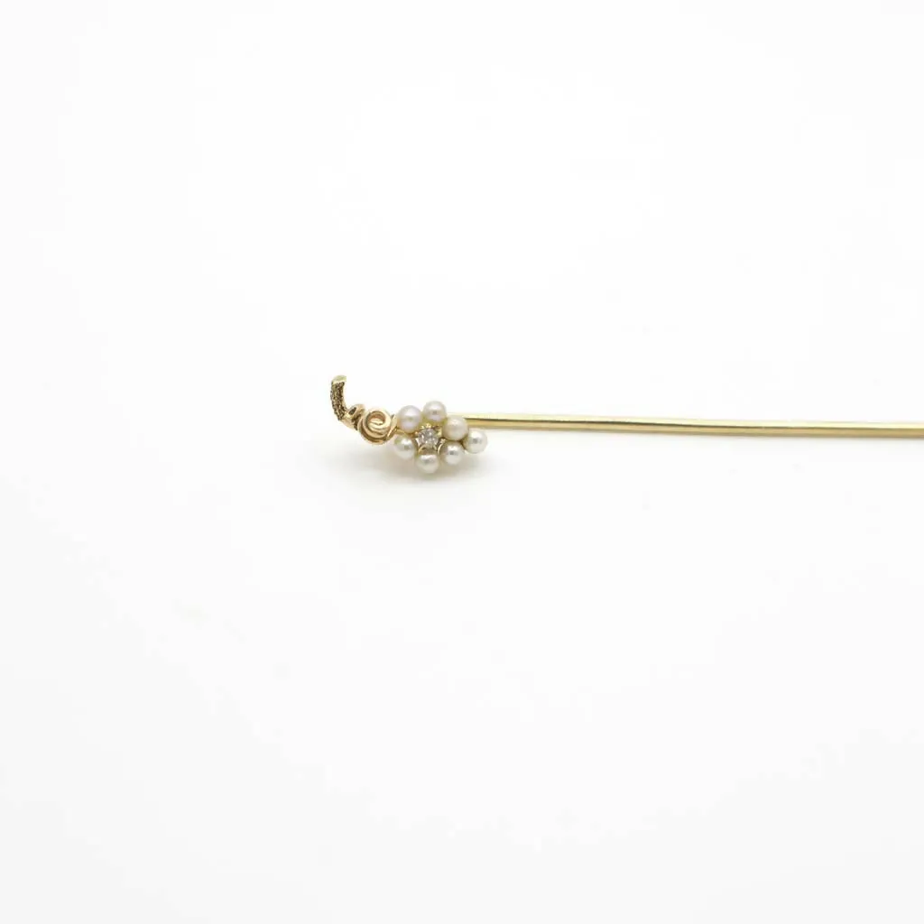 Vintage Genuine Diamond and Seed Pearl Stick Pin In 14K Yellow Gold
