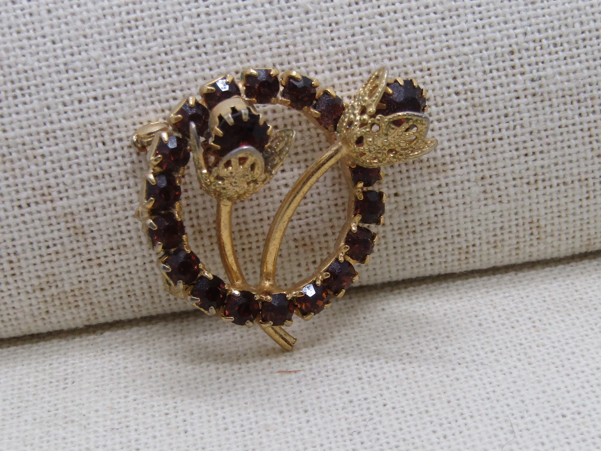Vintage Gold Rhinestone Circle Brooch, Floral Stem Accents, 1.25", Gold Tone, 1960's