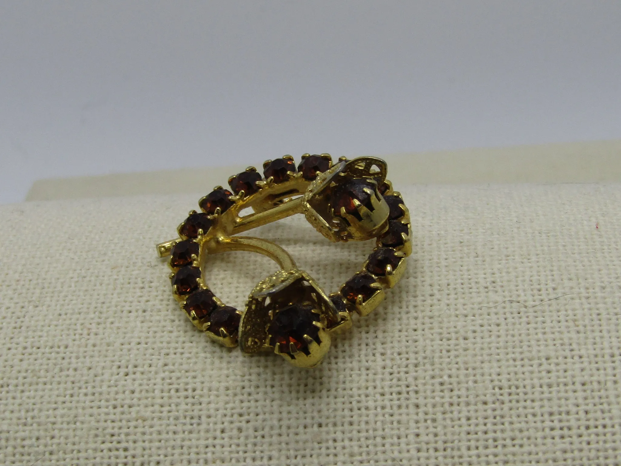 Vintage Gold Rhinestone Circle Brooch, Floral Stem Accents, 1.25", Gold Tone, 1960's