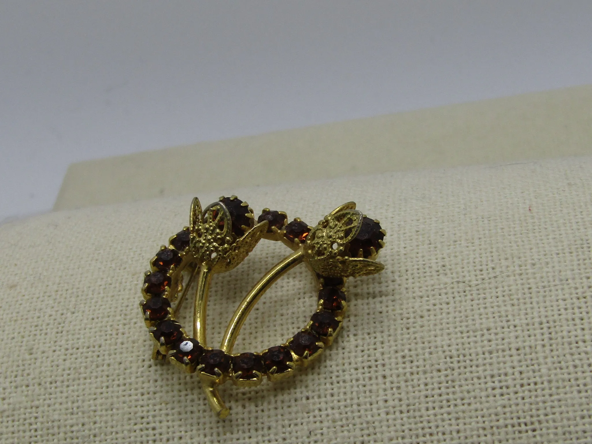 Vintage Gold Rhinestone Circle Brooch, Floral Stem Accents, 1.25", Gold Tone, 1960's