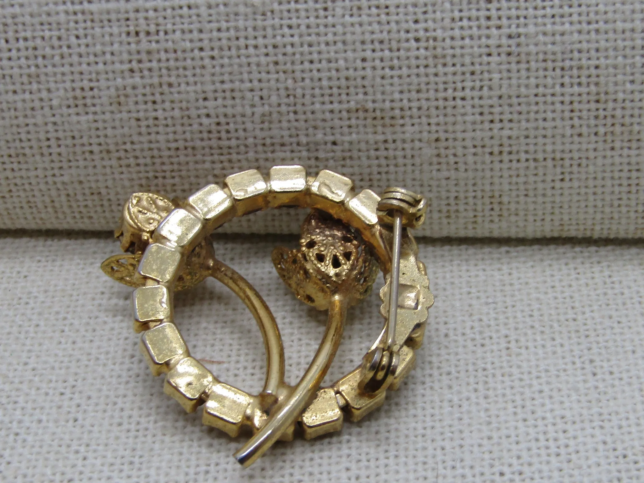 Vintage Gold Rhinestone Circle Brooch, Floral Stem Accents, 1.25", Gold Tone, 1960's