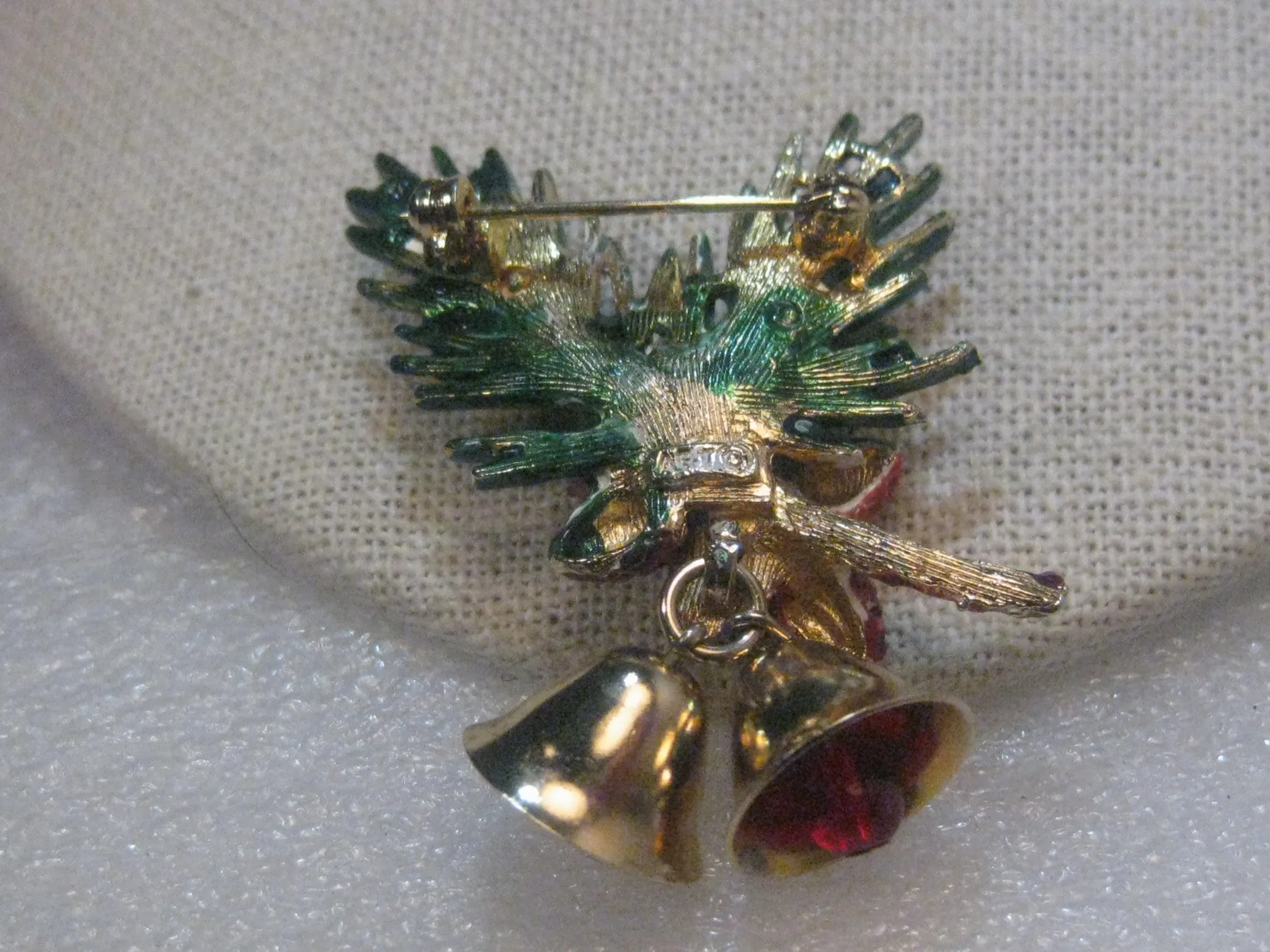 Vintage Gold Tone Green Enameled Pine Branch & Bells Christmas Brooch, Pine Cones  by ART, 1960's