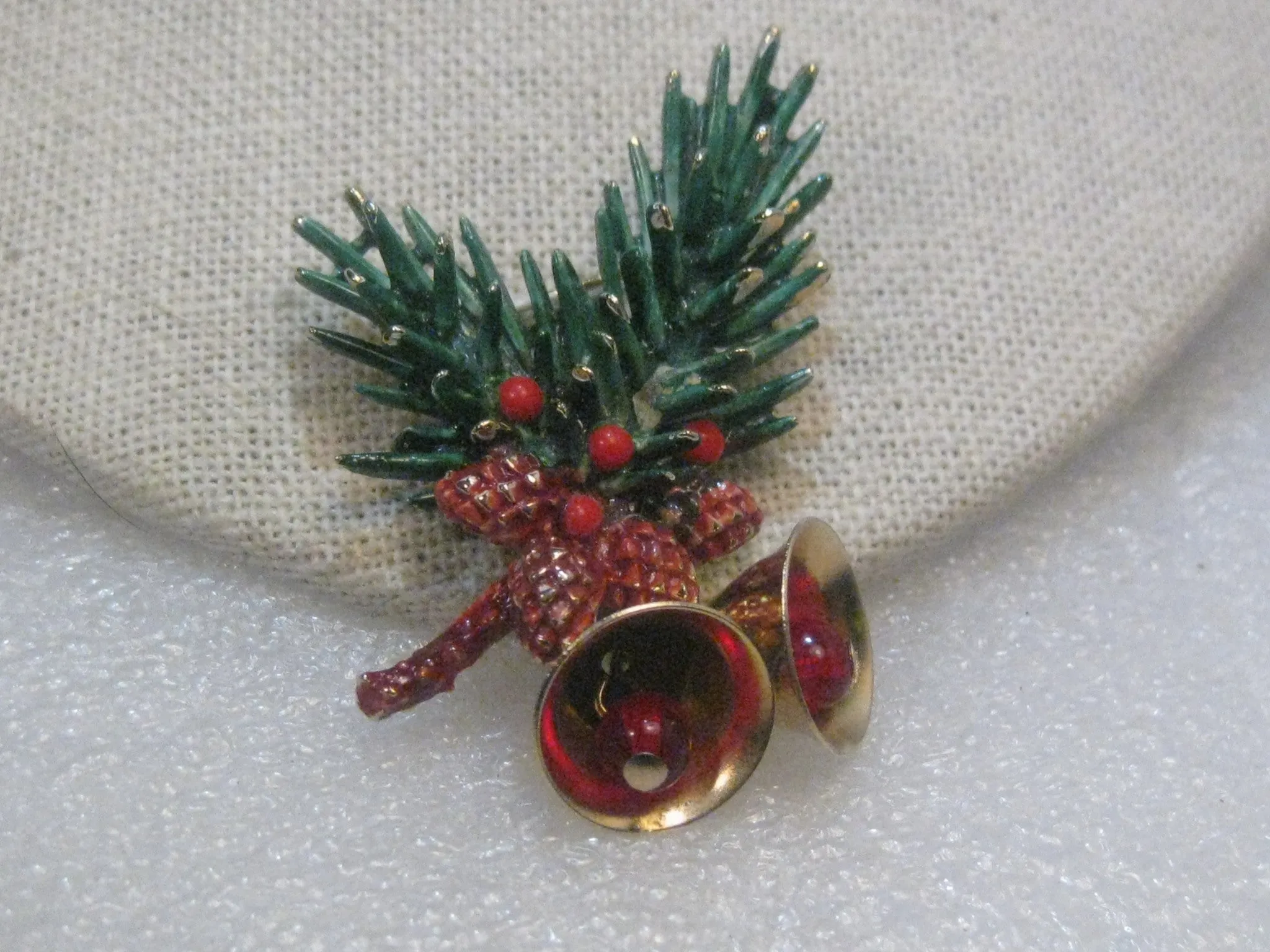 Vintage Gold Tone Green Enameled Pine Branch & Bells Christmas Brooch, Pine Cones  by ART, 1960's