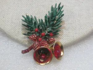 Vintage Gold Tone Green Enameled Pine Branch & Bells Christmas Brooch, Pine Cones  by ART, 1960's