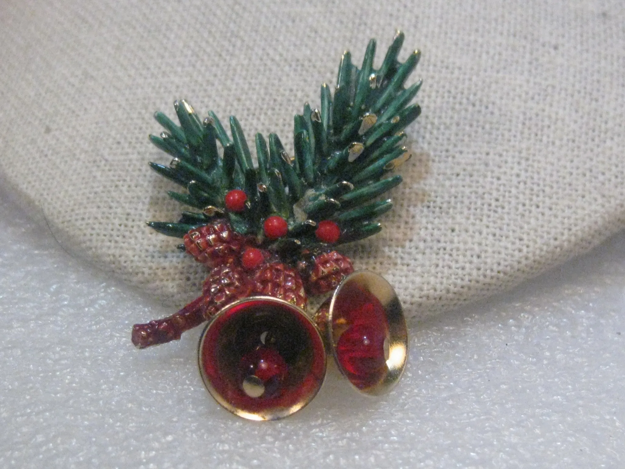 Vintage Gold Tone Green Enameled Pine Branch & Bells Christmas Brooch, Pine Cones  by ART, 1960's