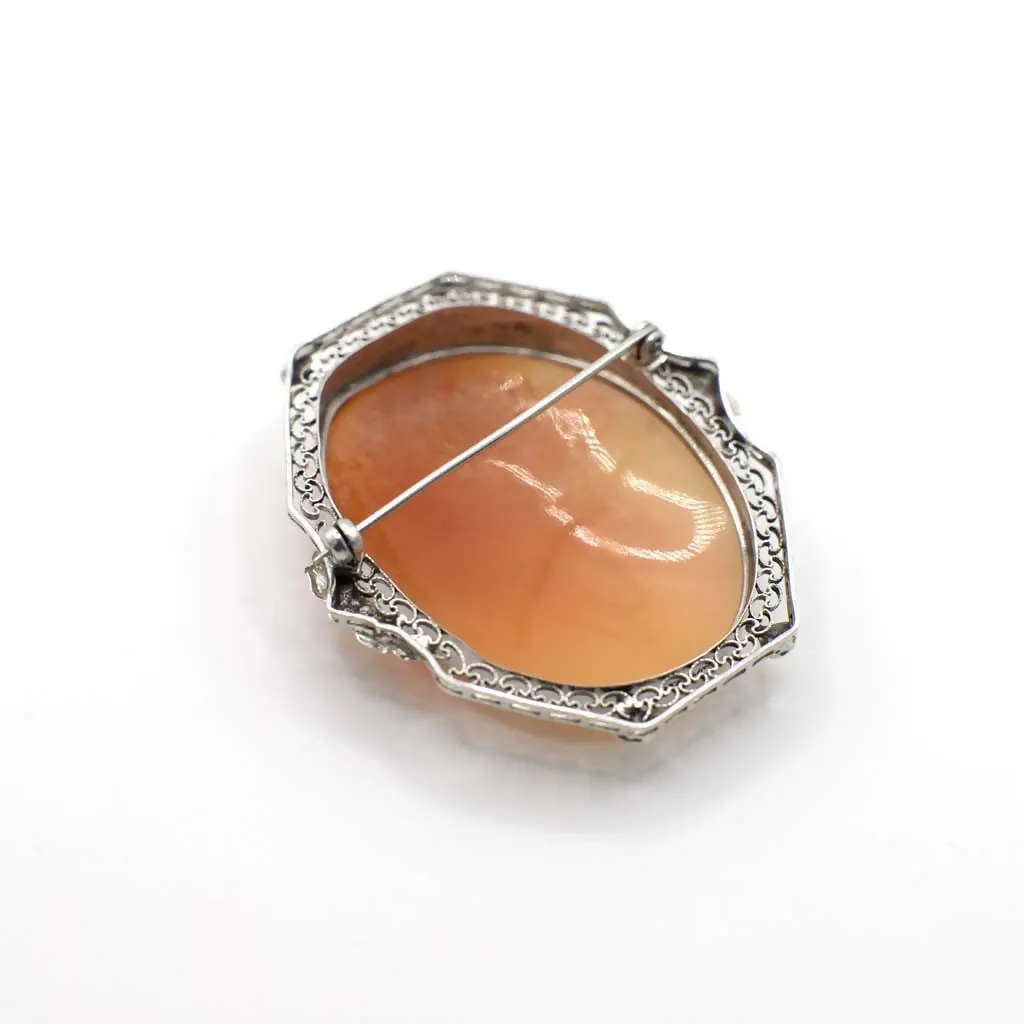 Vintage Mid Century Genuine Shell Cameo In Sterling Silver Filigree