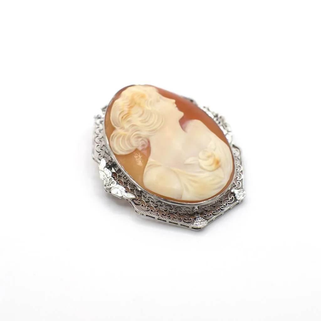 Vintage Mid Century Genuine Shell Cameo In Sterling Silver Filigree