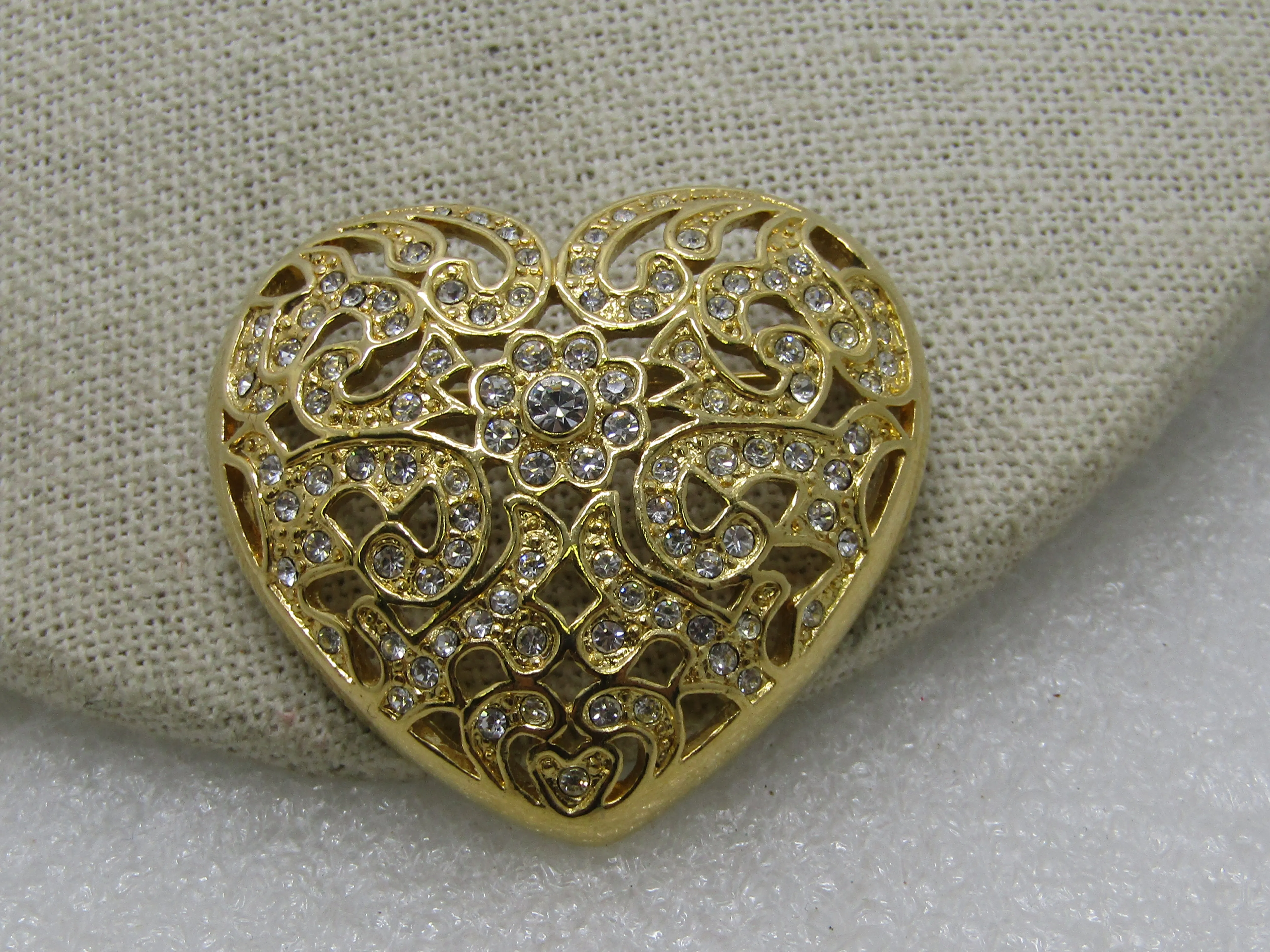 Vintage Napier Rhinestone Heart Brooch, Gold Tone, 1.75" 1980's-1990s