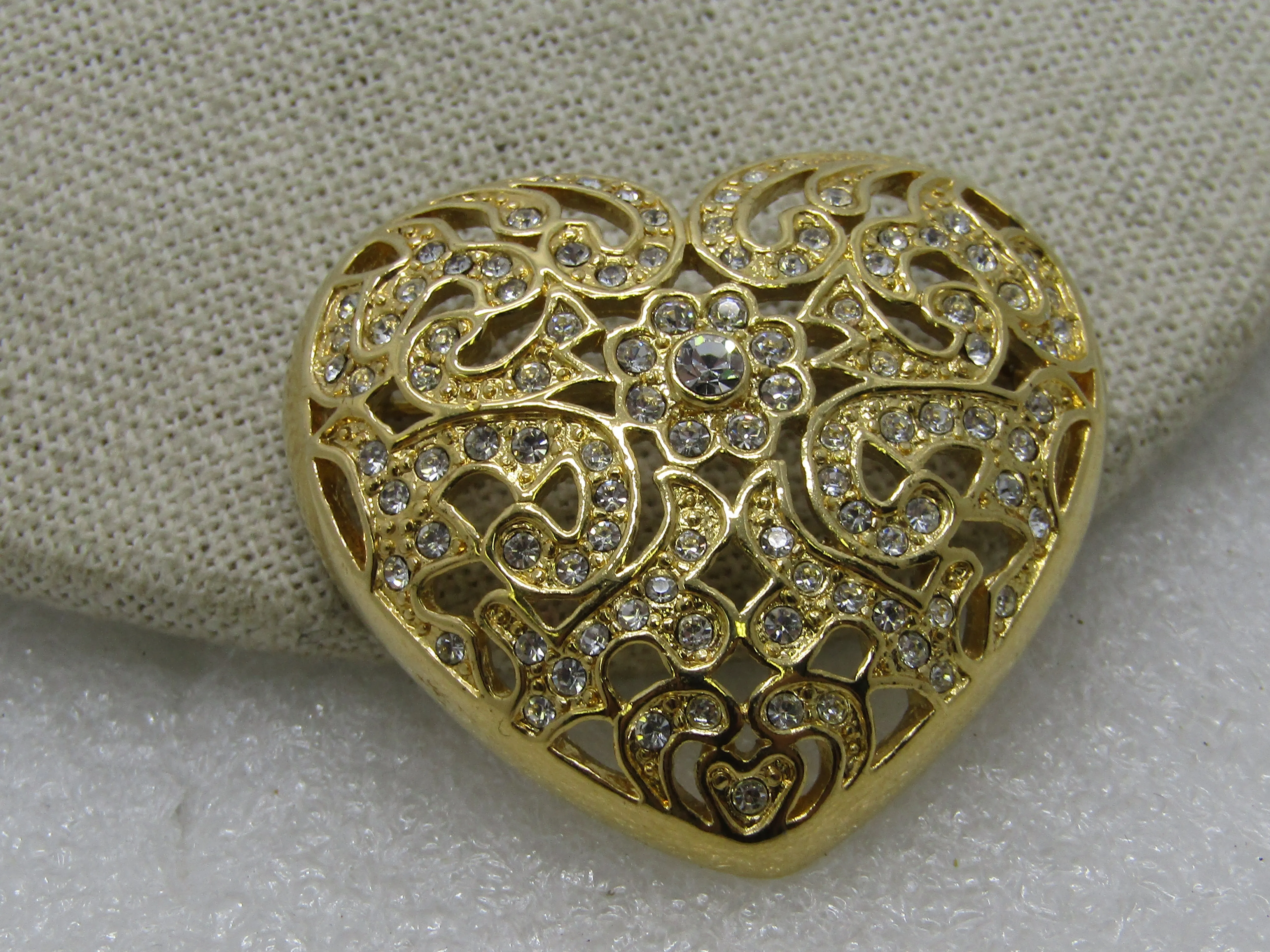 Vintage Napier Rhinestone Heart Brooch, Gold Tone, 1.75" 1980's-1990s