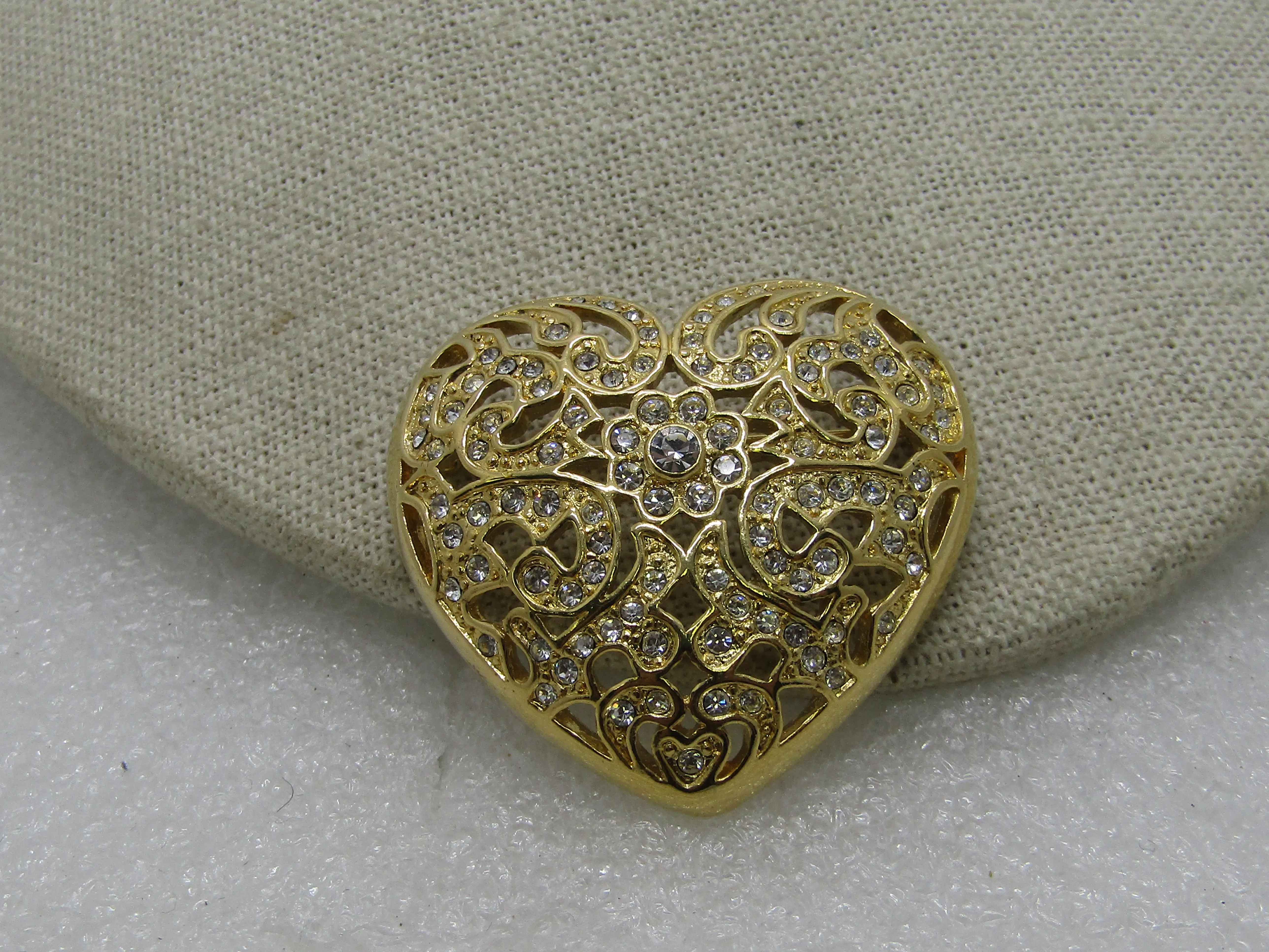 Vintage Napier Rhinestone Heart Brooch, Gold Tone, 1.75" 1980's-1990s