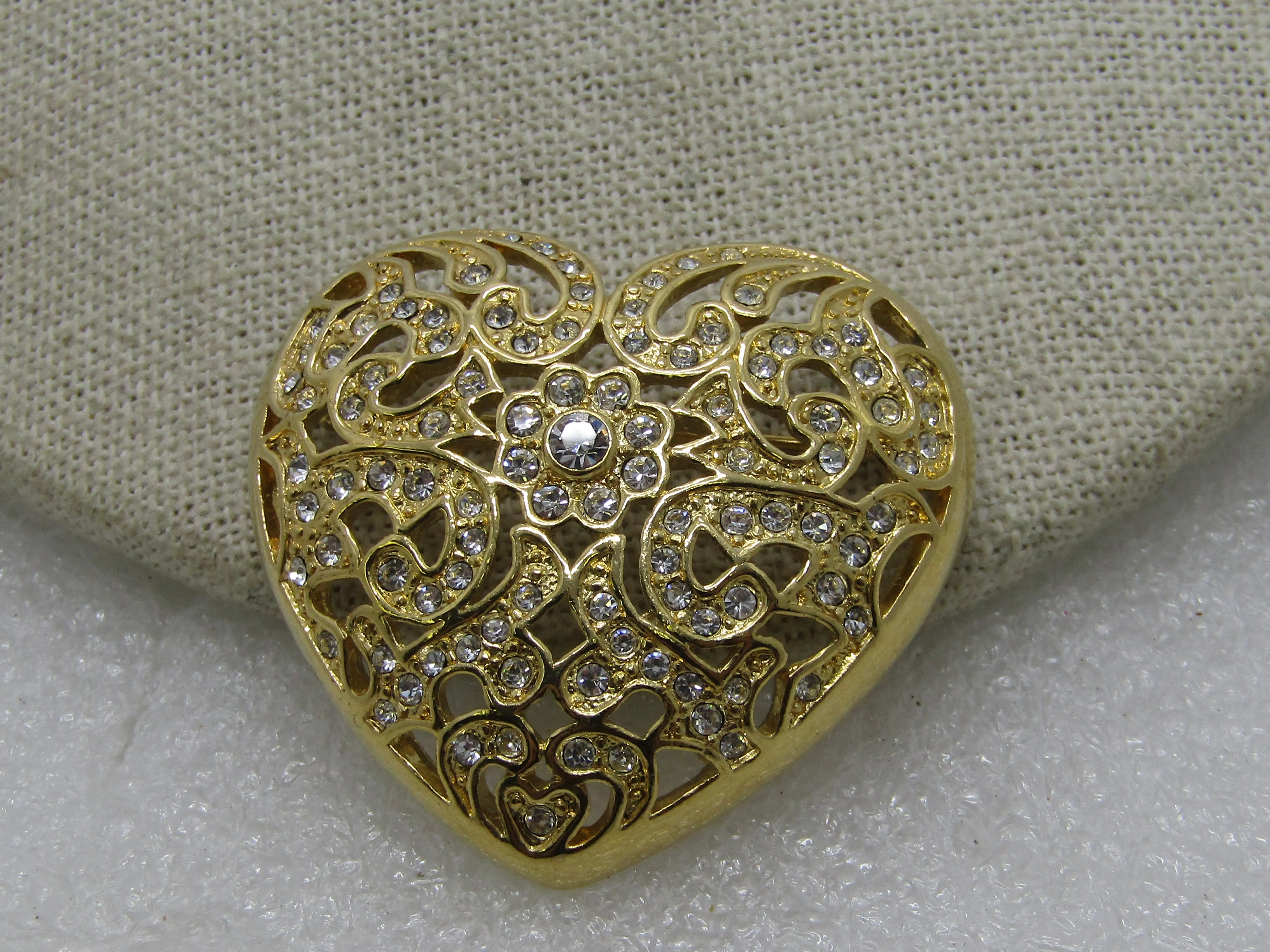 Vintage Napier Rhinestone Heart Brooch, Gold Tone, 1.75" 1980's-1990s