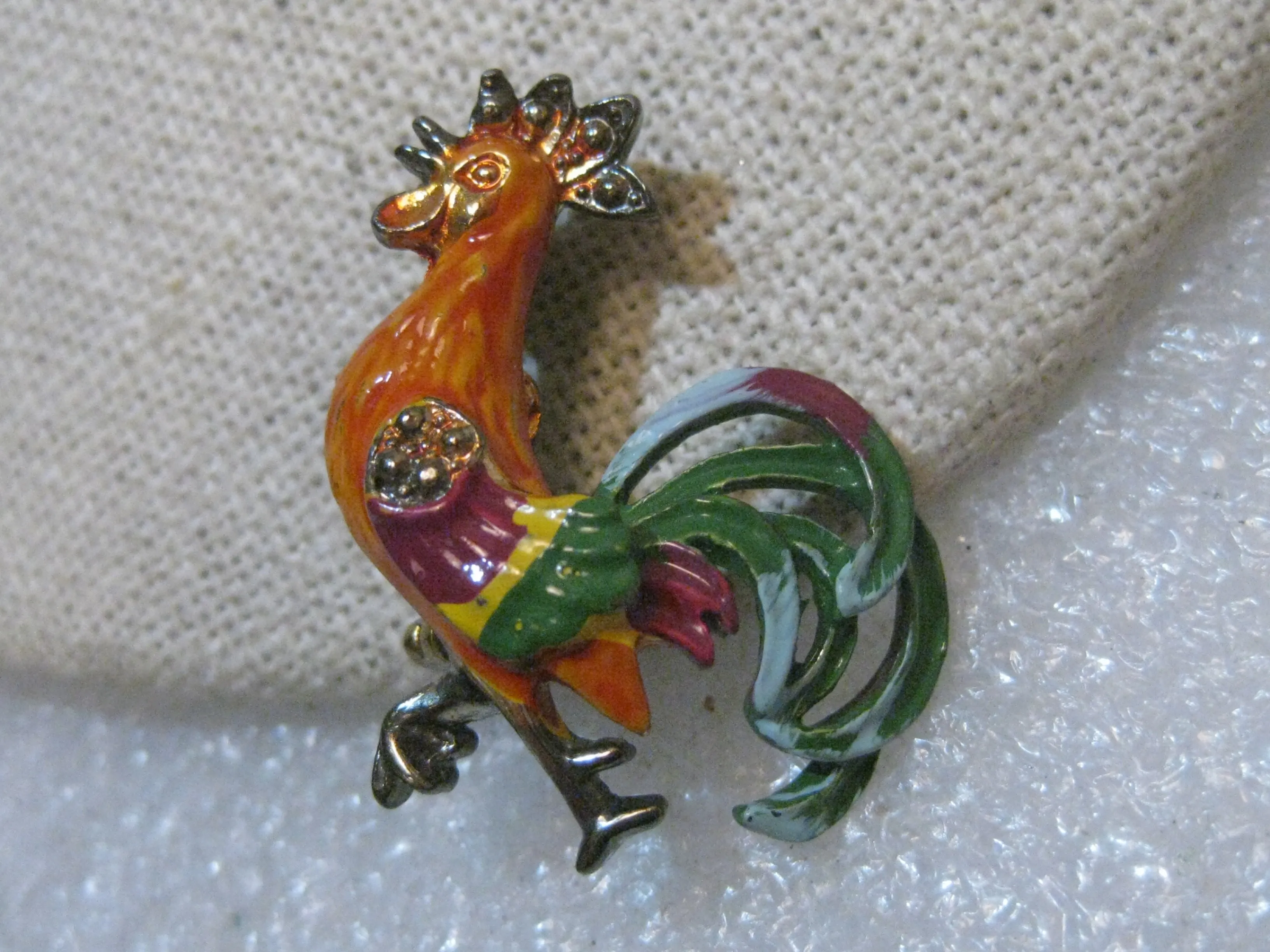 Vintage Pair Enameled Rooster Brooches, 1950's, 1.25"