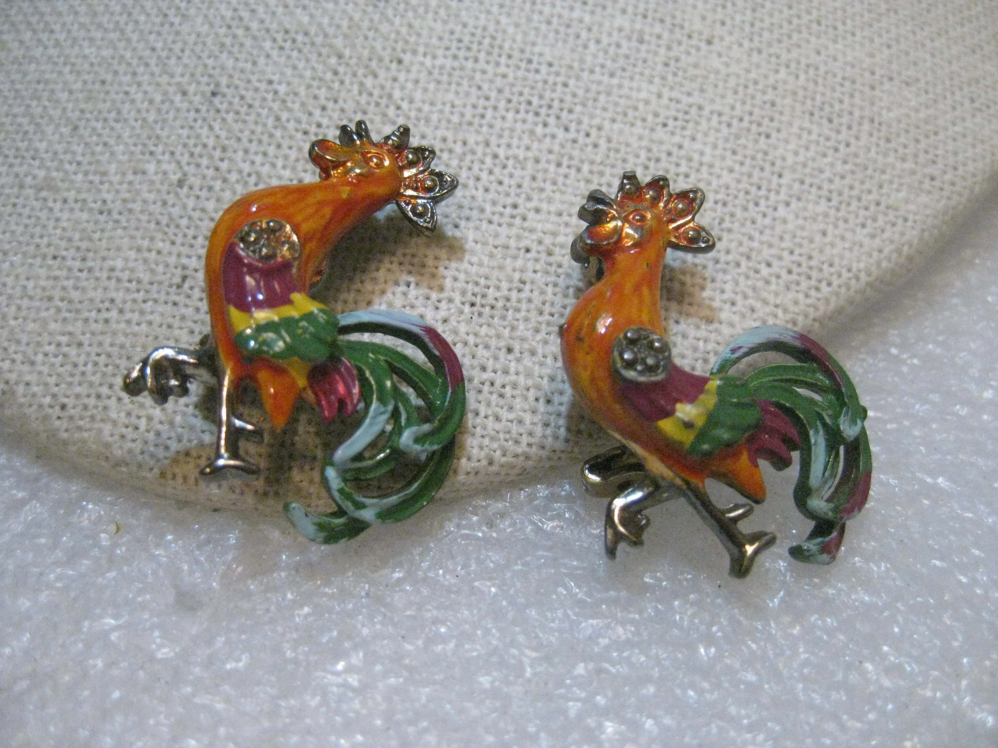 Vintage Pair Enameled Rooster Brooches, 1950's, 1.25"